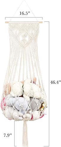 Miniatura 6 de Dahey Red de animales de peluche o hamaca, red de juguetes para colgar en la pared de macramé, almacenamiento de felpa bohemio con borlas,