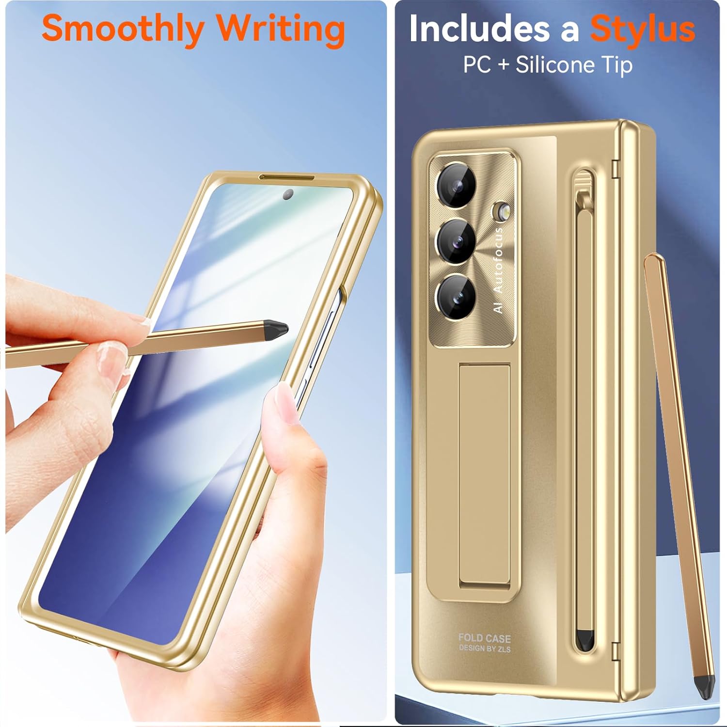 for Samsung Galaxy Z Fold 7 Case with S Pen Holder & Stylus Pen, Z Fold7 Full Coverage Phone Case with Kickstand HD Screen Protector Anti-Scratch Stand Protective Cover for Z Fold 7 Gold