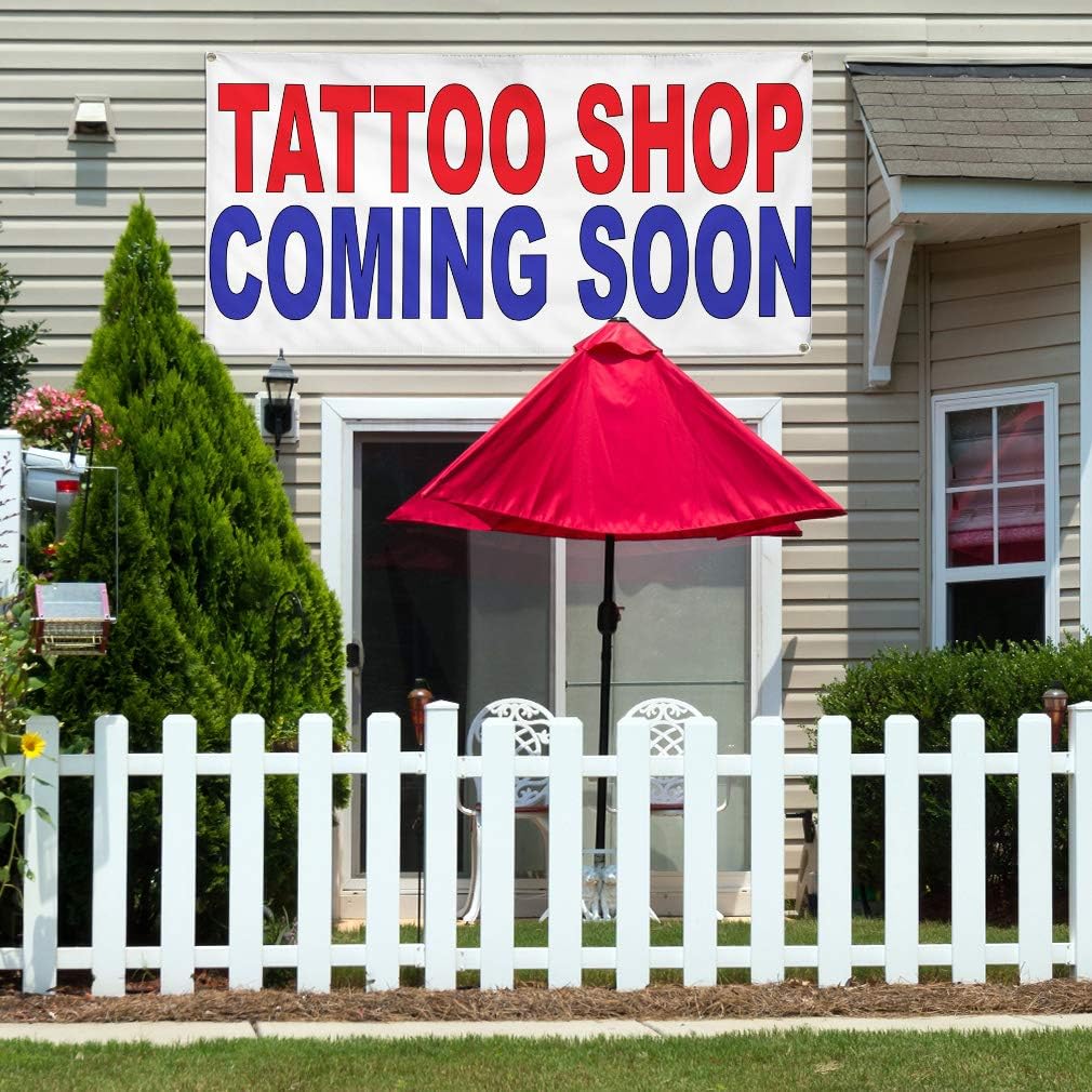 Vinyl Banner Multiple Sizes Tattoo Shop Coming Soon Red Blue Business Outdoor Weatherproof Industrial Yard Signs 4 Grommets 24x48Inches