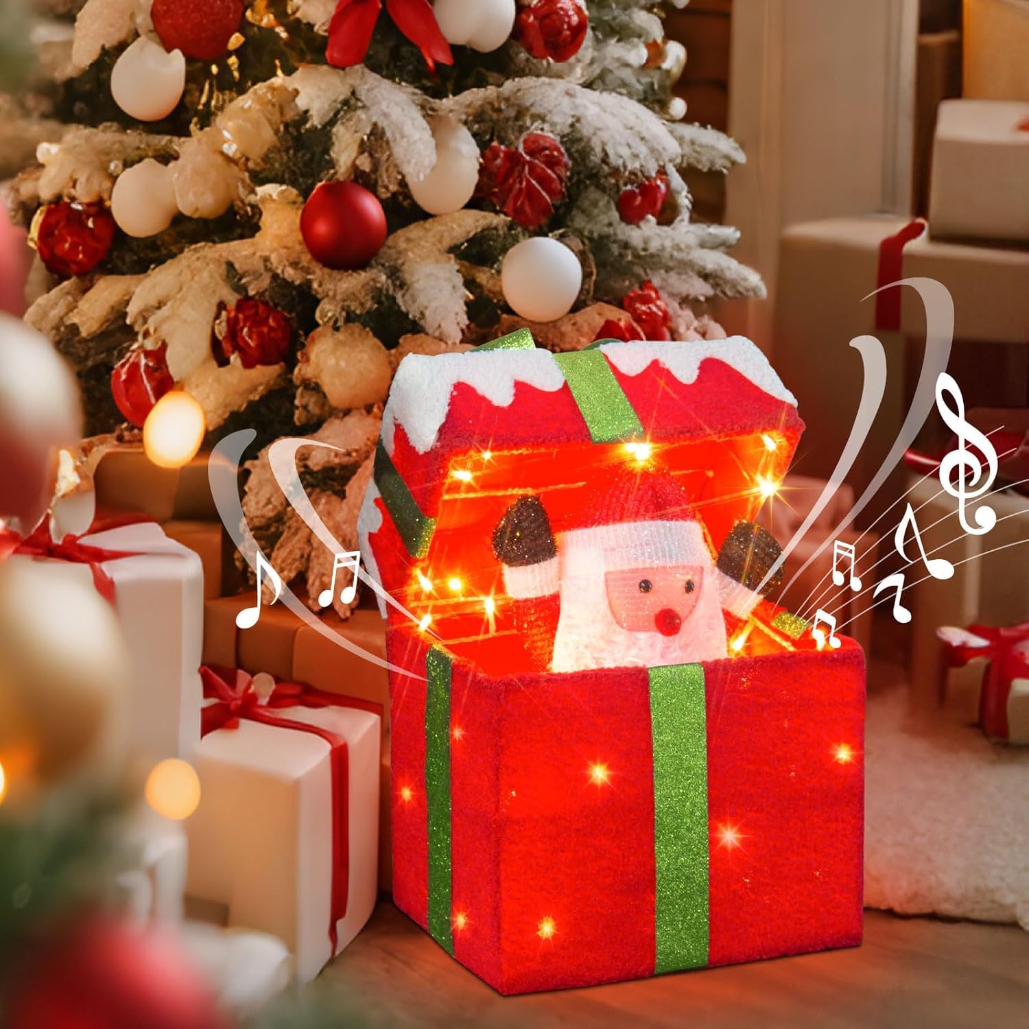 Scatola regalo LED con apertura automatica e Babbo Natale, decorazione natalizia illuminata per esterni con musica, 4 modalità e sensore di movimento, luci natalizie con 48 LED, 28×18×30 cm