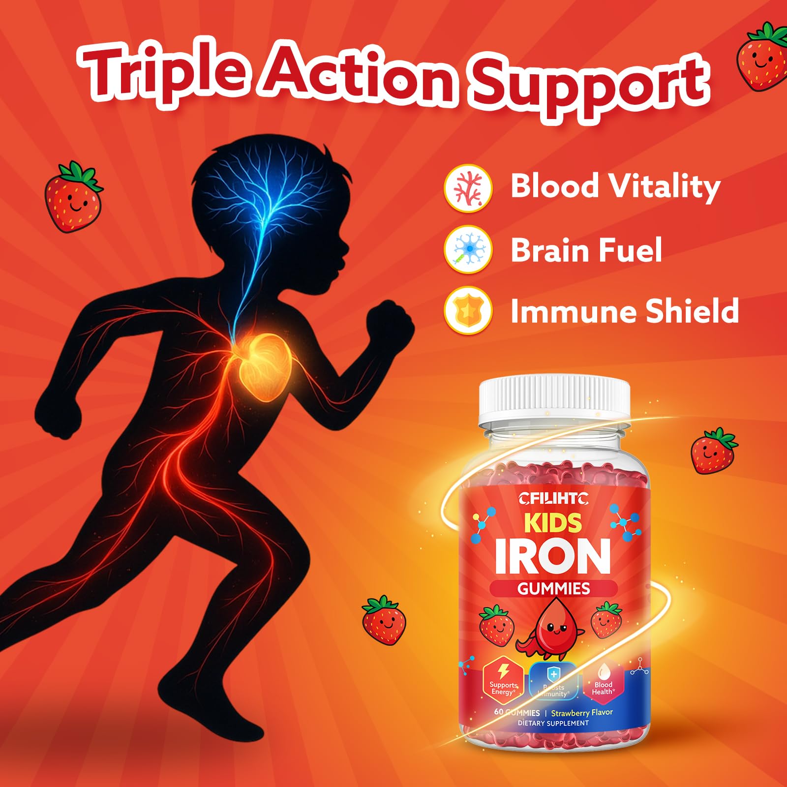 Iron Gummies for Kids & Teens, Kids Multivitamin with Iron Supplement, Calcium, Folate, Zinc, Prebiotic - for Blood Builder & Energy Support, Iron Deficiency - Vegan & Non-GMO - 60 Count Strawberry — Amazon image 3