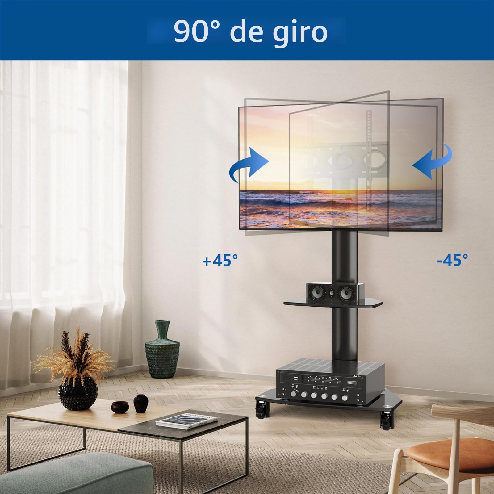 RFIVER Pie Soporte TV Ruedas de 27 a 65 Pulgadas - Altura Ajustable y +/-45° Giratorio Suelo Móvil con Estante & Gestión Cables | MAX Vesa 400x400mm 50 KG