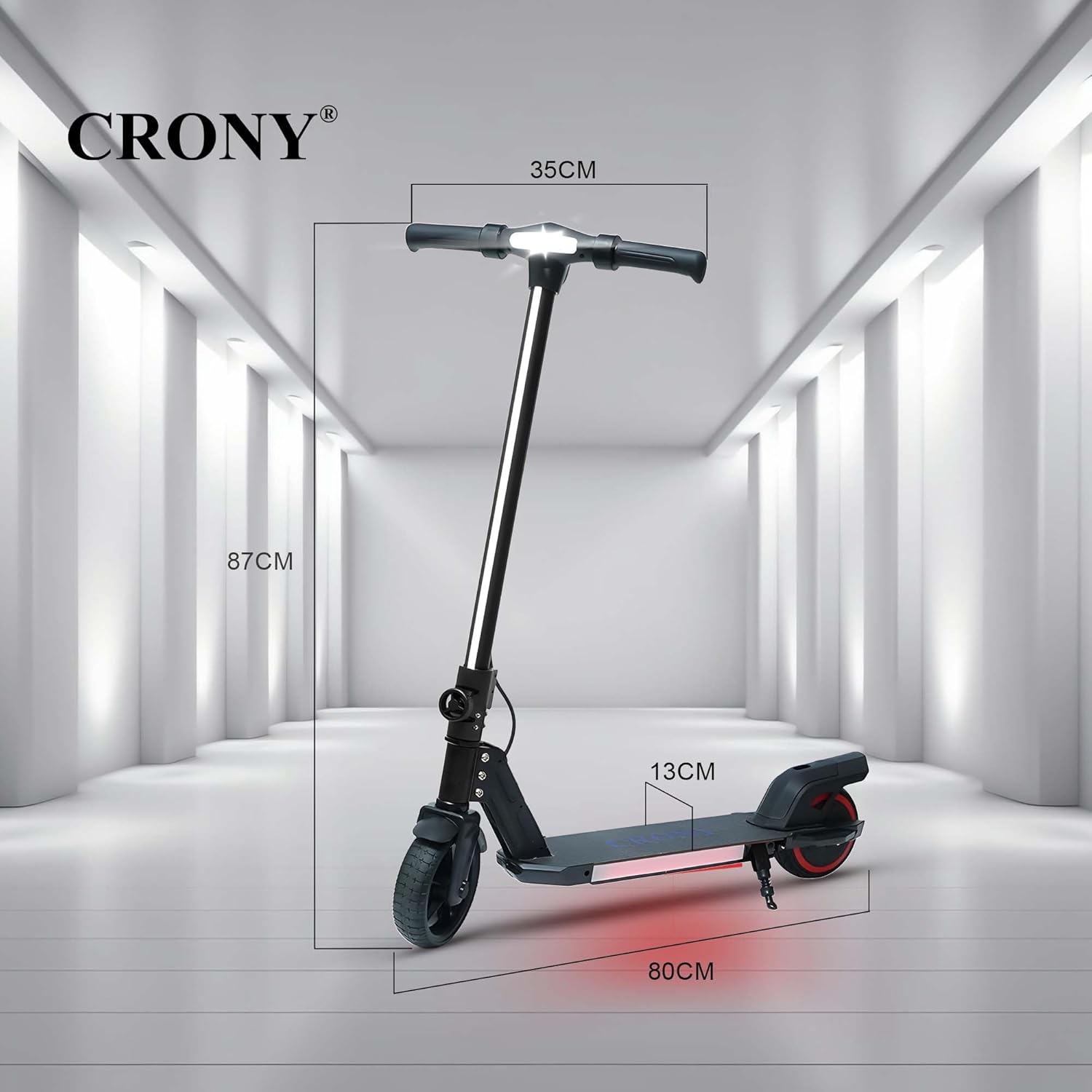 Diagram showing the dimensions of the CRONY S32 E-Scooter: 87cm height, 80cm length, 35cm handlebar width, and 13cm deck width.
