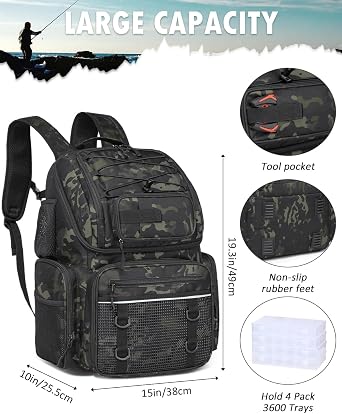 HAMBOLY 50L Fishing Backpack with Tackle Boxes, Cooler & Rod Holders | 50L Tackle Backpack | Tackle Boxes, Cooler & Rod Holders | Waterproof | for Men | Fishing Gear Bag