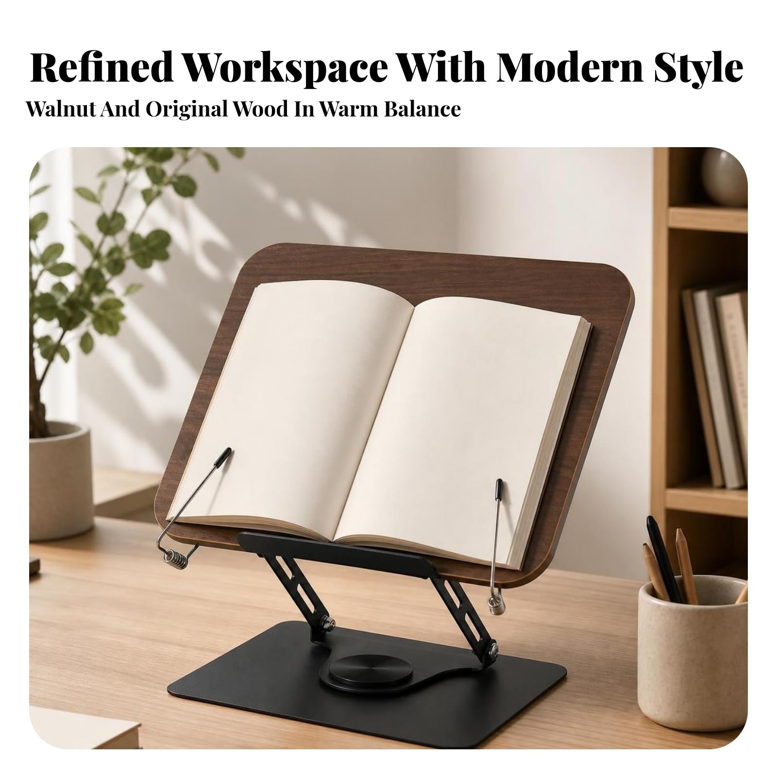 Atril para Libros con Brazo Ajustable Estable, Soporte para Libros con Base Giratoria, Multifuncional, Escritorio, Músicos, Marrón