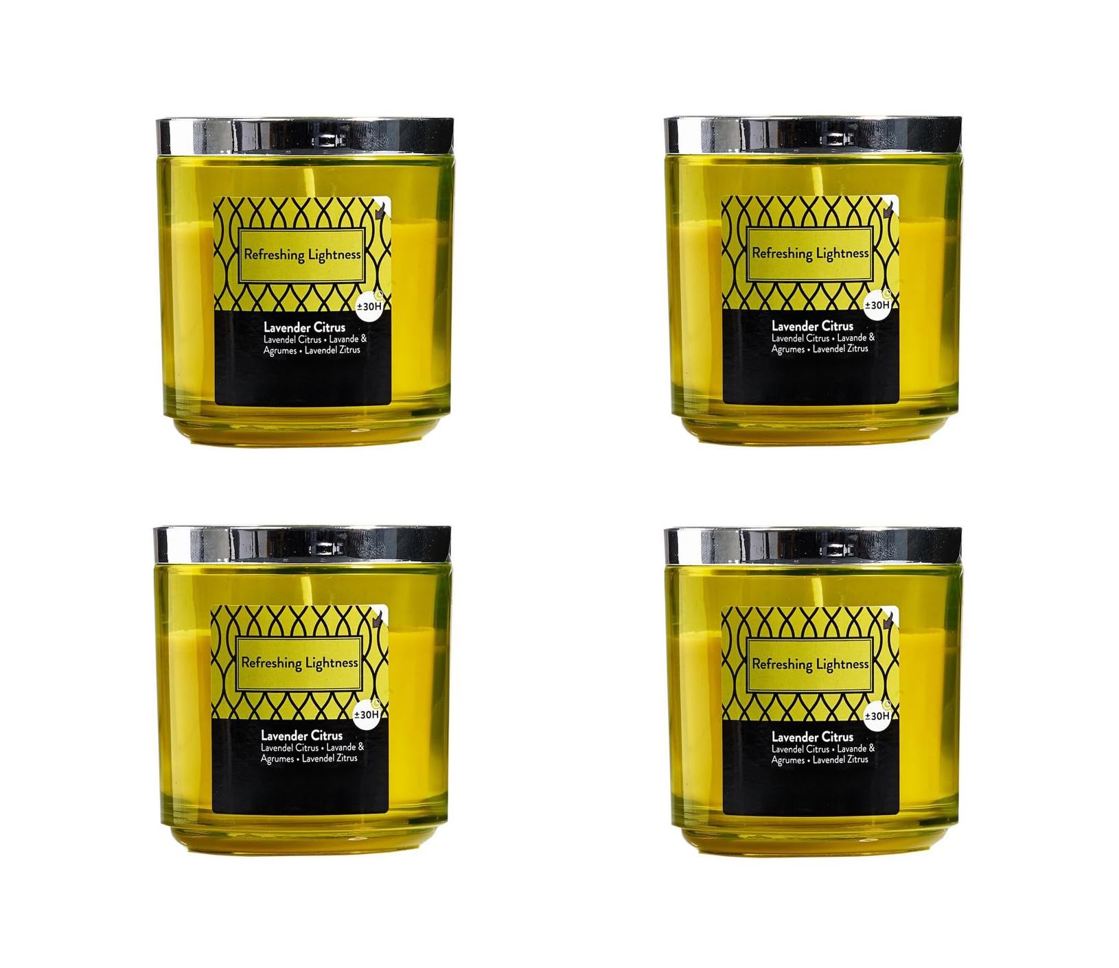 Juego de 4 velas perfumadas en tarro de cristal, velas de Adviento, boda, ambientador, sin hollín, duración de combustión: 30 horas, muchos aromas – 7,6 x 7,6 cm (amarillo – Aroma lavanda y cítricos)