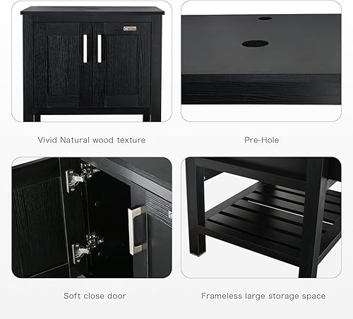 Miniatura 3 de eclife Combo de lavabo de baño de granja de 24 pulgadas con estante inferior de almacenamiento moderno, MDF negro, turquesa, cuadrado de vidrio