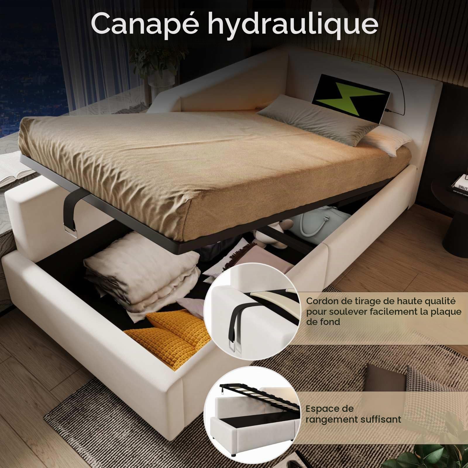KOMHTOM Lit de Jour Rembourré avec Rangement Hydraulique Canapé-lit avec Fonction Liseuse et Fonction Chargeur USB-C Modernité Chambres à Coucher(sans Matelas) (Beige, 90x190cm)