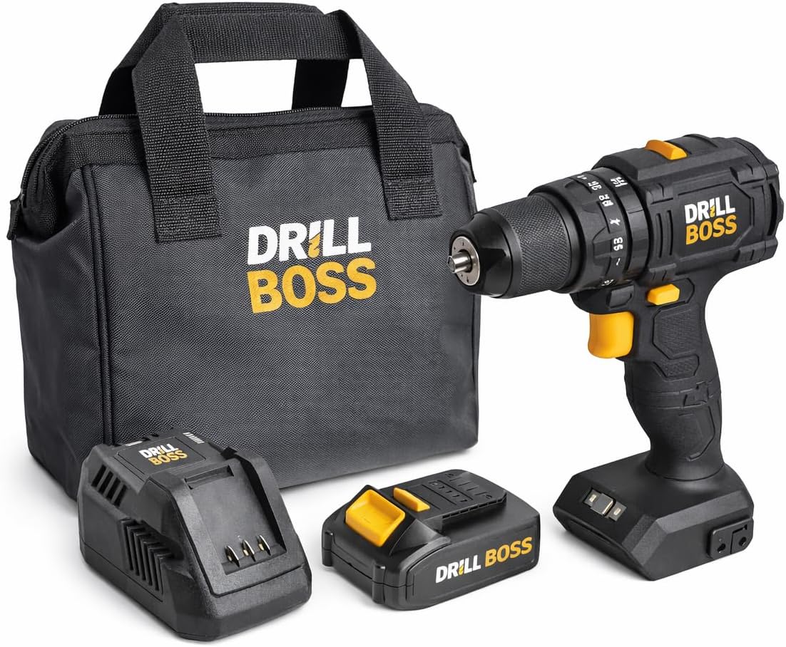 Drill Boss 20V Brushless Cordless 1/2 inch Impact Drill Driver Kit Includes 2.0Ah Battery, Fast Charger, Tool Bag
