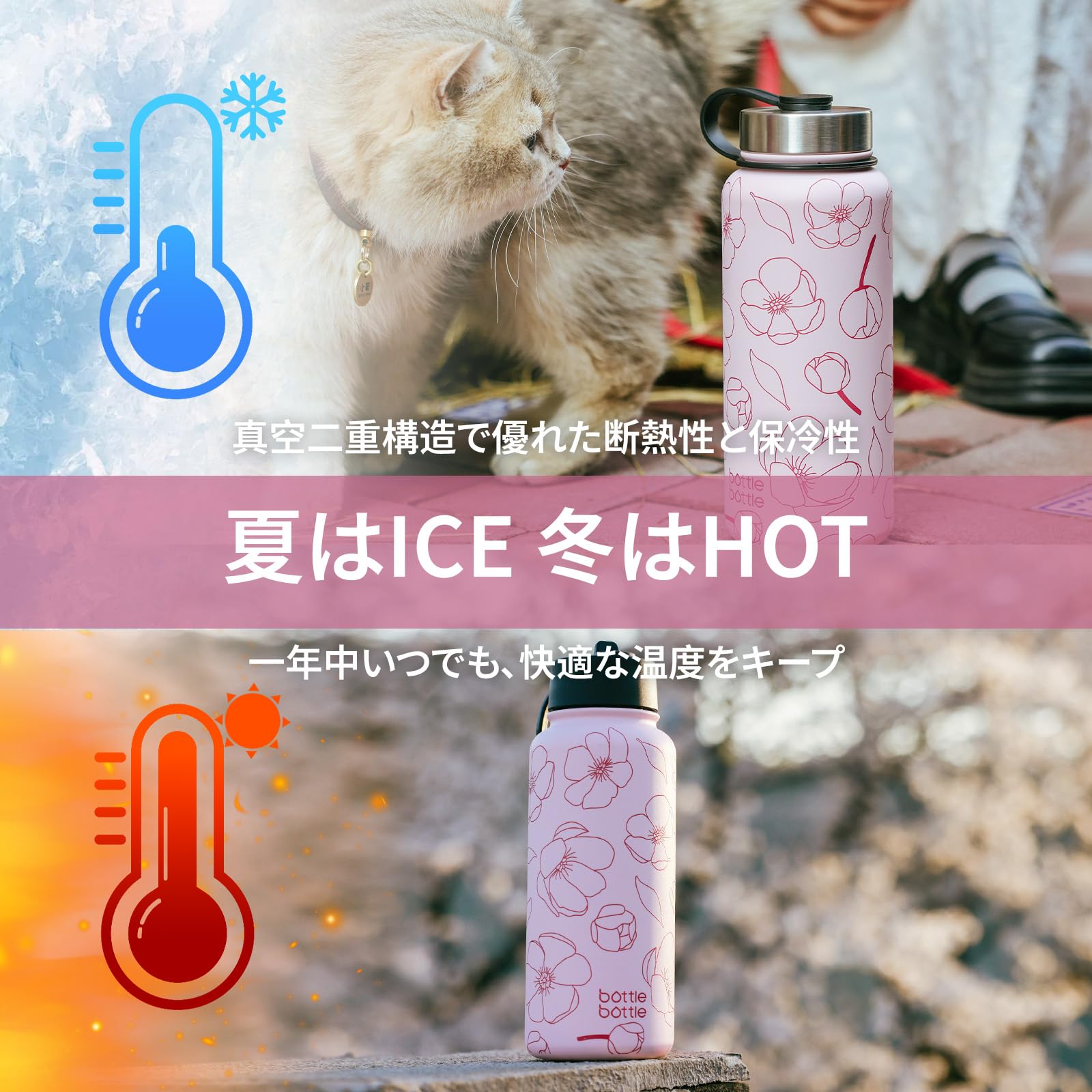 Bottle Bouteille d'eau en acier inoxydable - Bouteille d'eau directe avec paille - Isolation thermique et froide - Double paroi - Isolation sous vide - Portable - Extérieur - Fleur - 1 litre