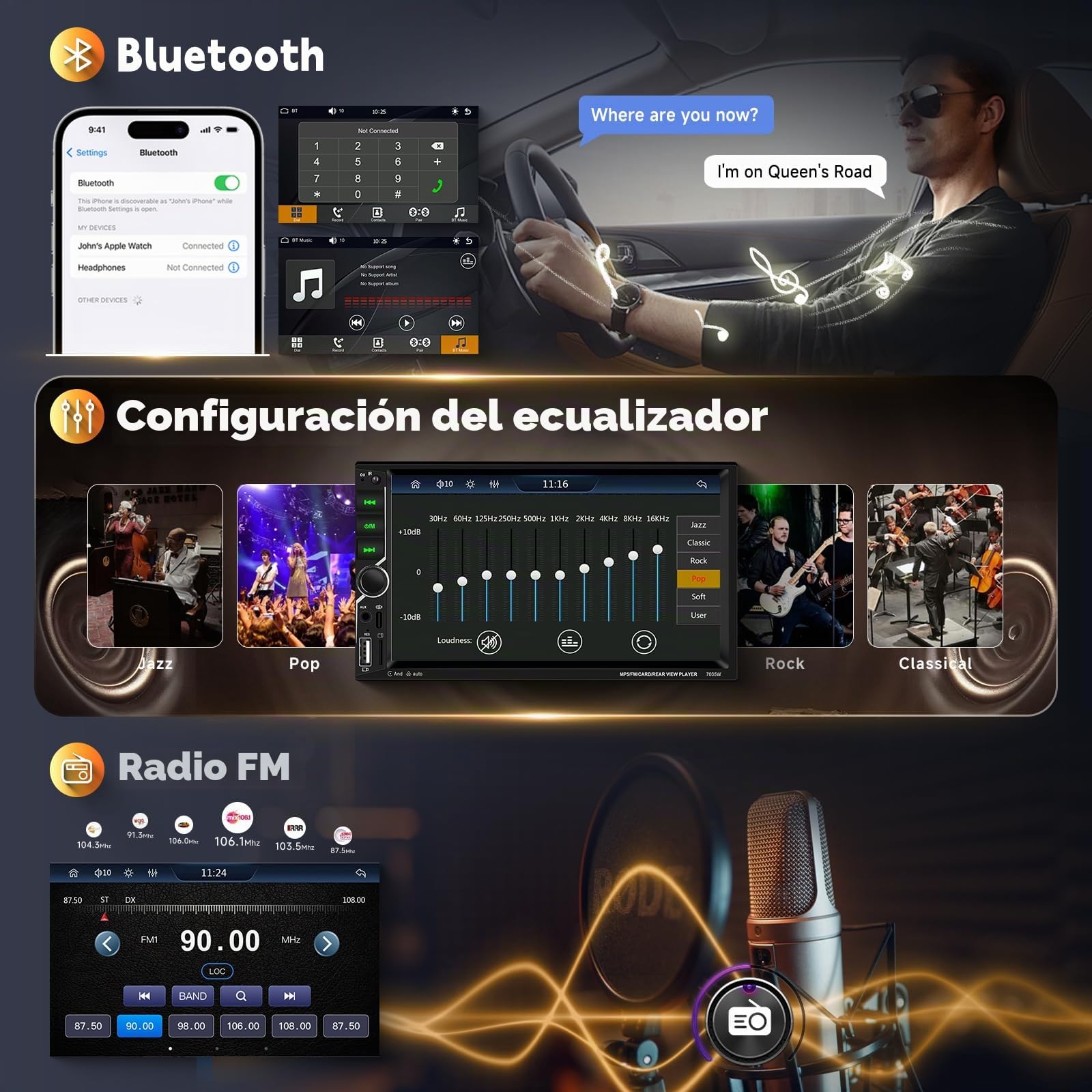 Hodozzy Radio para Coche 2 DIN con CarPlay Inalambrica Android Auto, Estéreo Coche 2 DIN con Pantalla Táctil 7 Pulgadas con Bluetooth, Mirror Link, Reproductor Multimedia Radio FM, EQ USB/AUX, Cámara