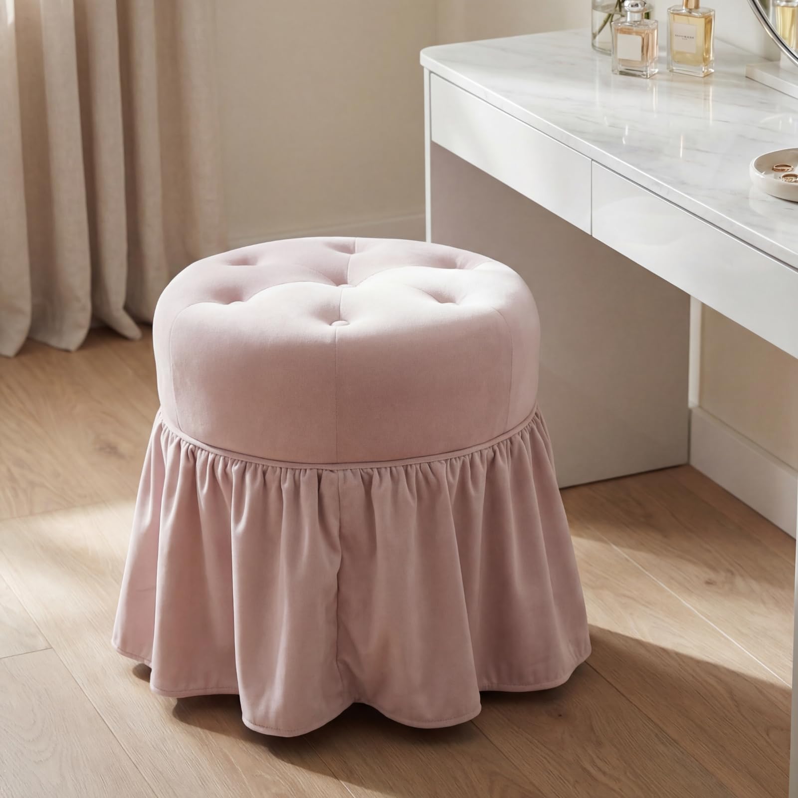 Ya-Home Vanity Stool Velvet 360° Swivel Rolling Stool with Wheels & Ruffle Skirt, Button-Tufted Upholstered Dressing Chair for Bedroom, Pink