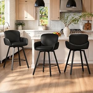 LUE BONA 26" Swivel Bar Stools Set of 3, Counter Height Bar Stools with Backrest and Arms, Modern Upholstered Barstools with Metal Legs for Kitchen Island, Black