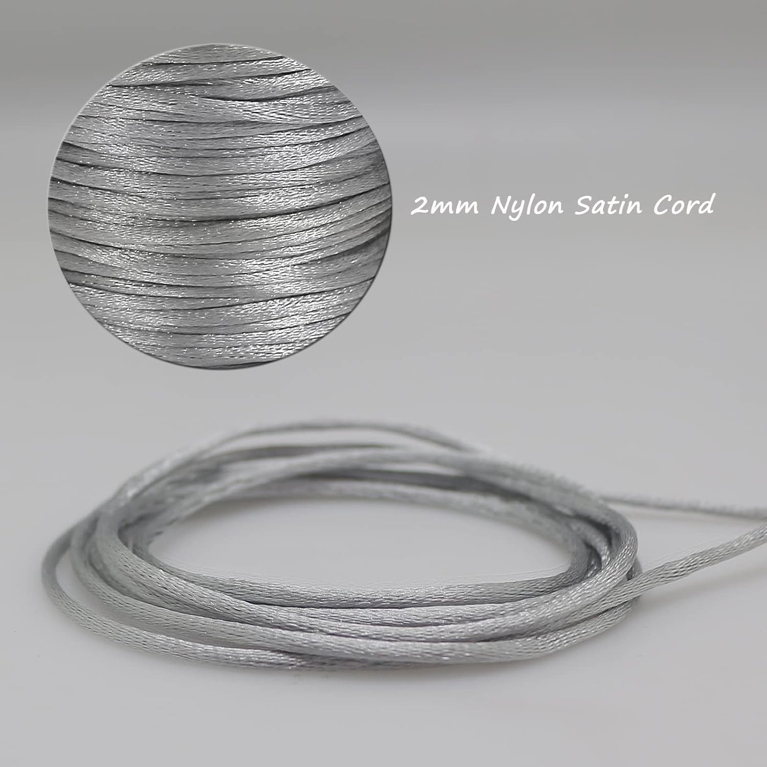 FQTANJU 2mm x 100 Yards Premium Quality Rattail Nylon Satin Cord Roll, Kumihimo Rattail,Chinese Knot, Silver - Image 4