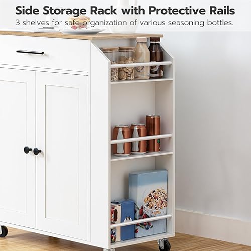 Miniatura 7 de HOOBRO Isla de cocina con toma de corriente, isla de almacenamiento de cocina con estante de especias y cajón, cocina rodante sobre ruedas, para el