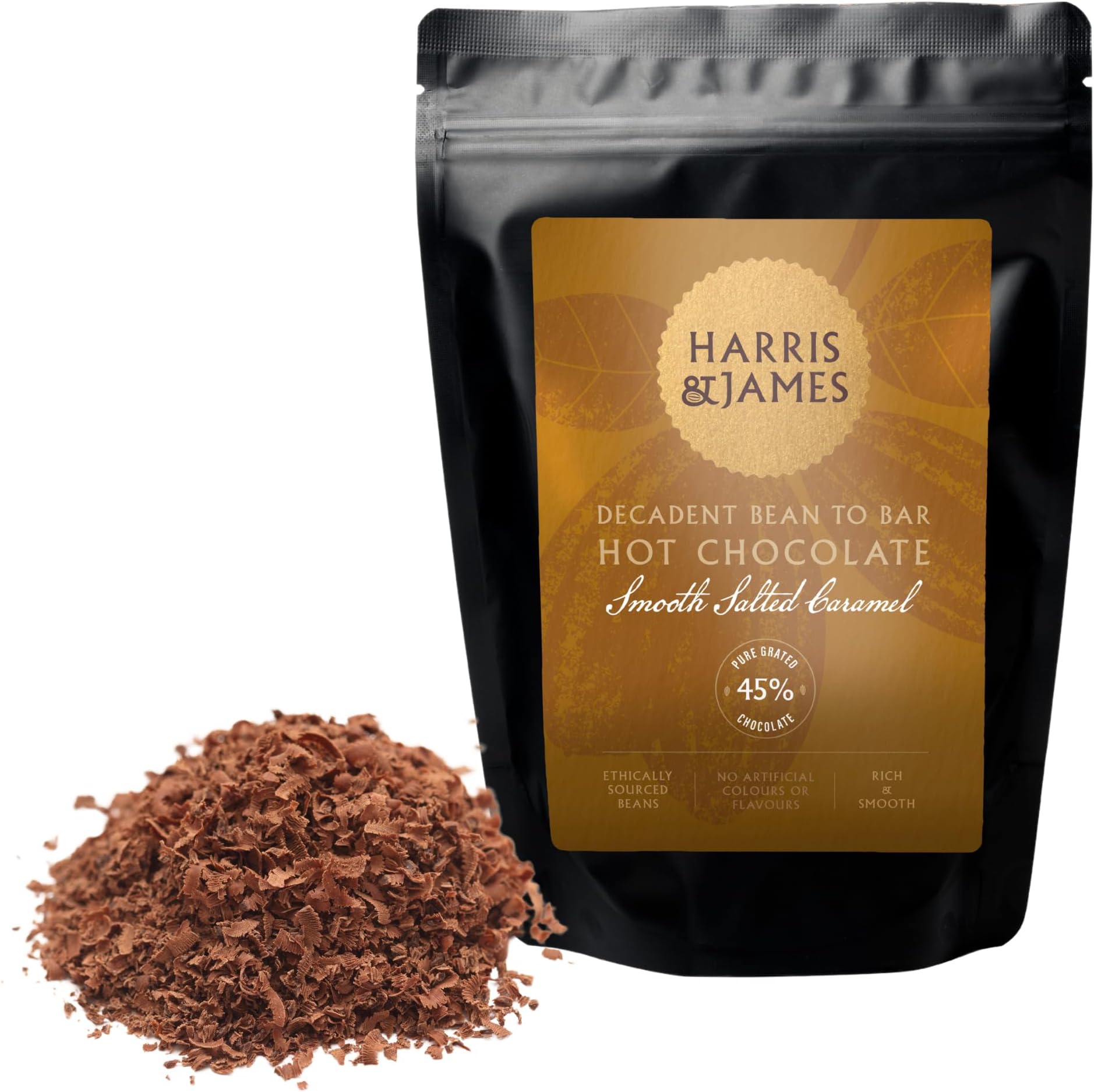 Harris & James Drinking Chocolate | Smooth Salted Caramel Milk Chocolate Flakes 250g | Decadent Bean To Bar Hot Chocolate From Cocao Beans | Hand Made in Small Batches