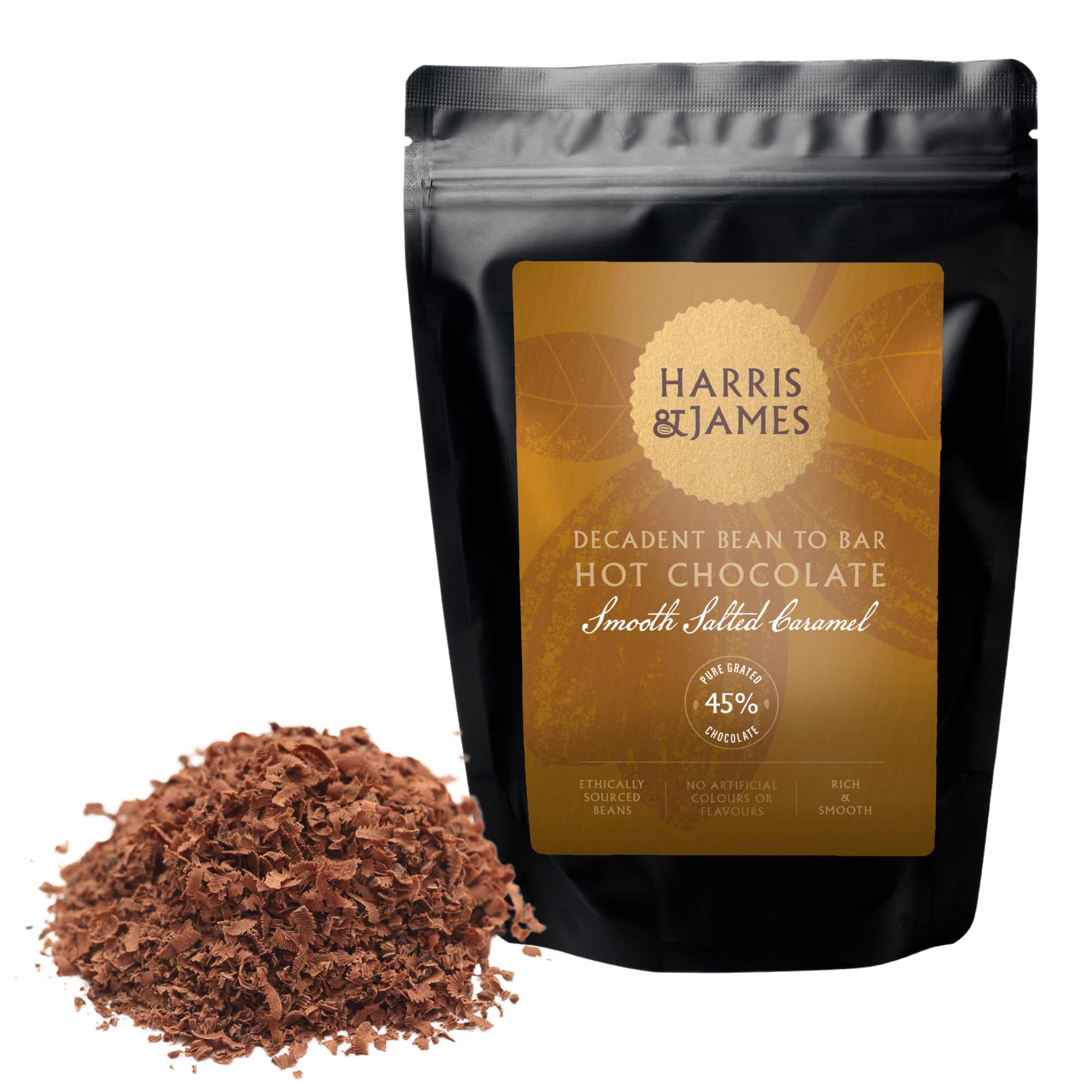 Harris & James Drinking Chocolate | Smooth Salted Caramel Milk Chocolate Flakes 250g | Decadent Bean To Bar Hot Chocolate From Cocao Beans | Hand Made in Small Batches