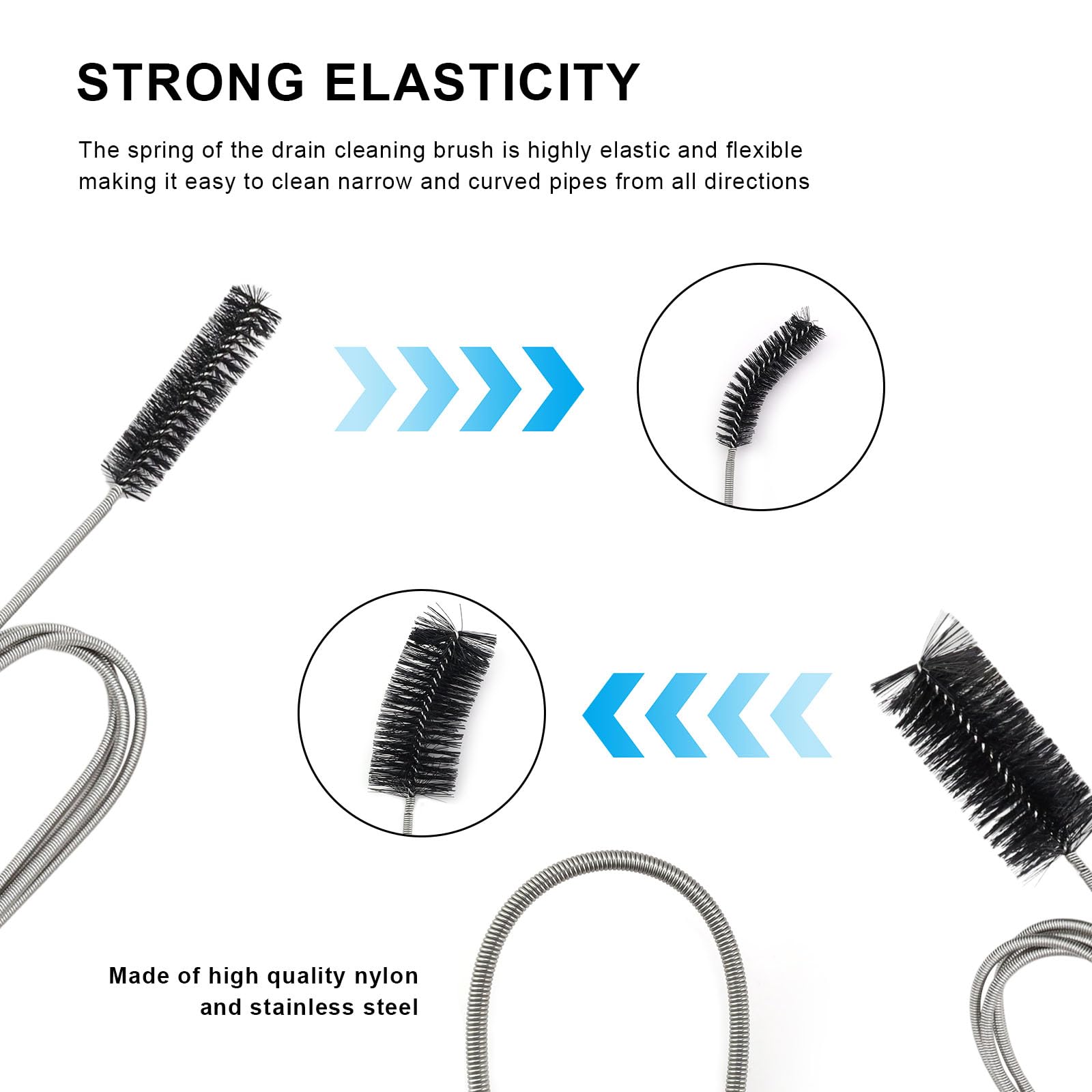 Kit De 5 Outils Pour Déboucher Les Canalisations - Goupillon Spirale Longue (155 Cm), Brosses Courtes Et Extracteurs De Cheveux, En Acier Inoxydable Et Nylon, Pour Évier, Douche, Salle De Bain