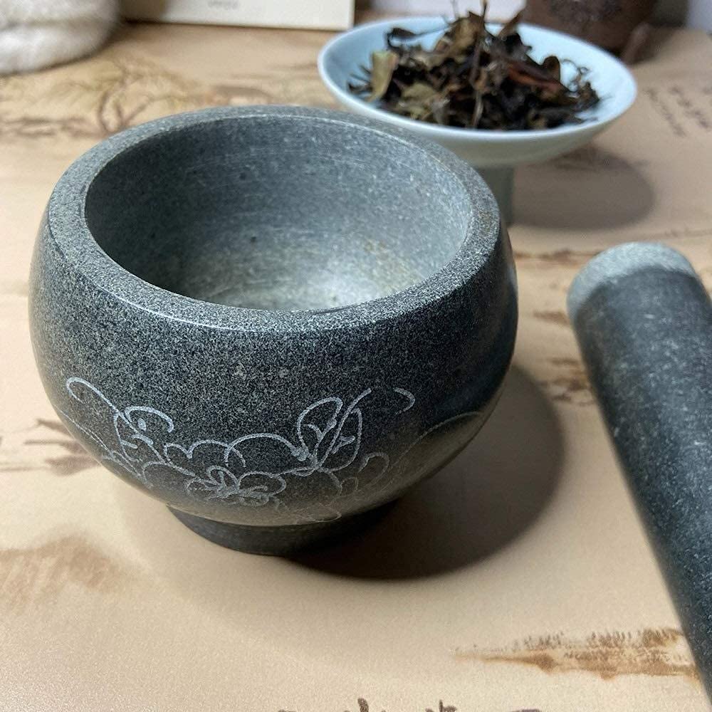 Mortero Manchado y pestillo Set-2 Capacidad de Taza, Granito Pesado Antideslizante, Maja Grande, Negro