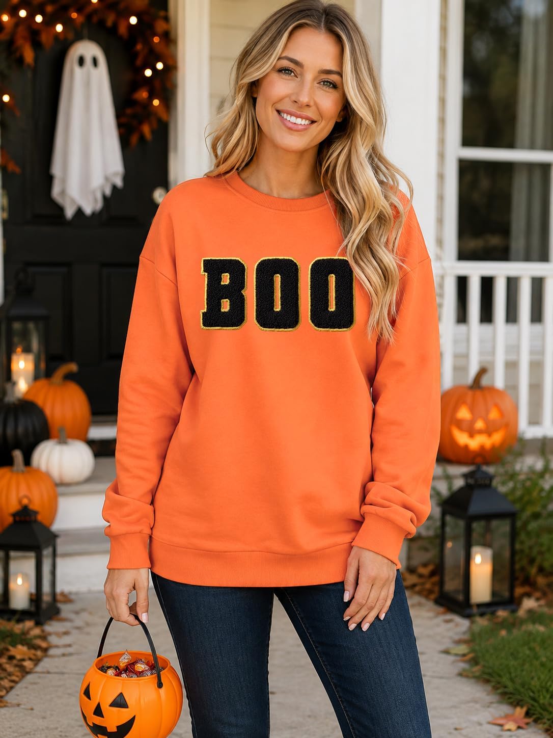 MYHALF Halloween Sweatshirt for Women Boo Embroidered Sweaters Cute Spooky Season Shirt Long Sleeve Fall Winter Pullover Tops