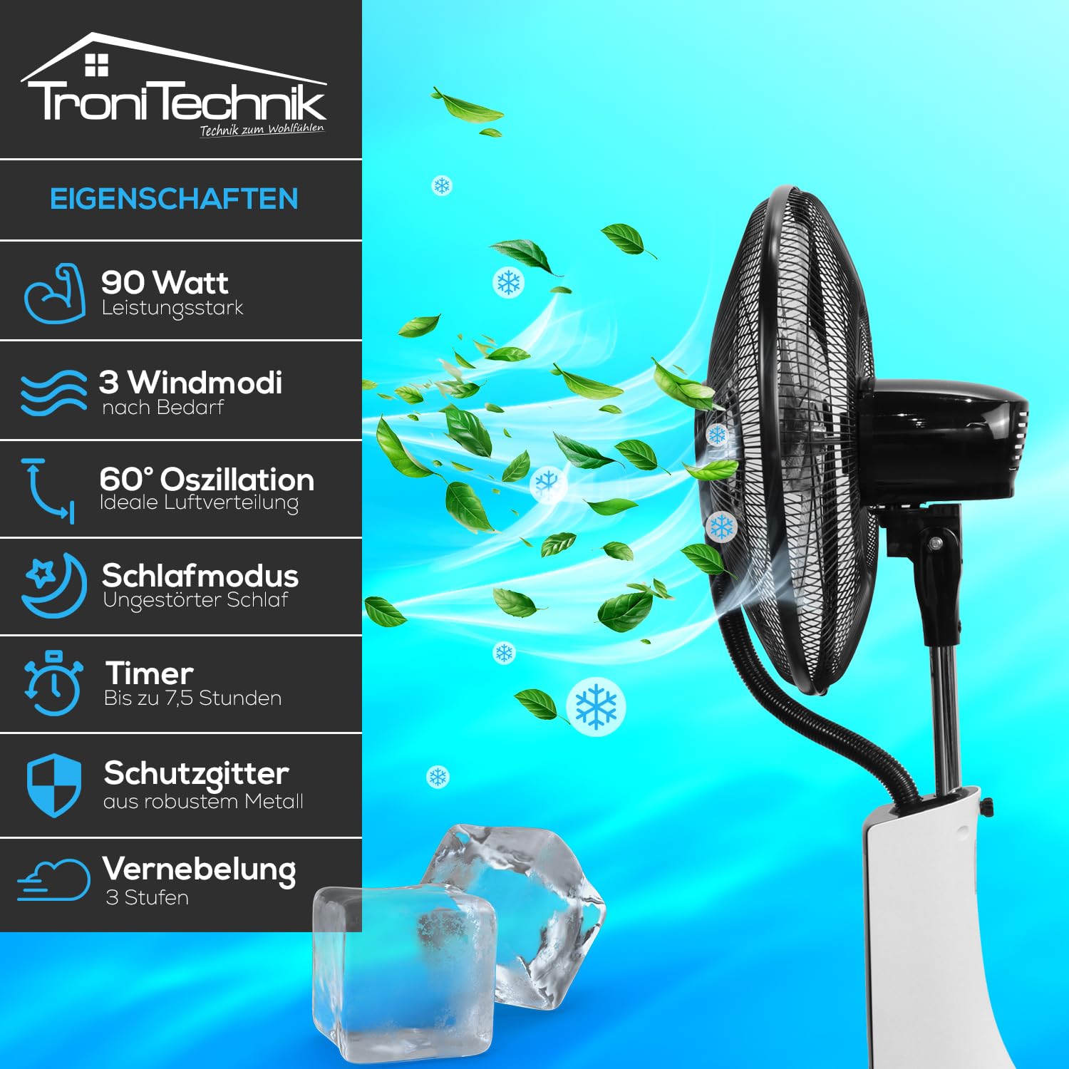 Tronitechnik® Standventilator mit Wasser, Ventilator mit Wasserkühlung Sprühnebel Raumbefeuchter, Fernbedienung, 90 Watt, Oszillierend, 3 Stufen, Timer, 3 Luftmodi, sehr leise, Schlafzimmer & Büro
