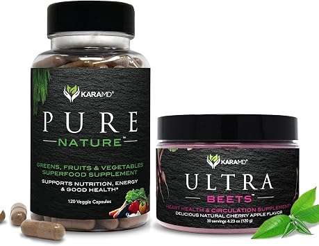KaraMD Pure Nature Greens Whole Food Supplement & UltraBeets Beetroot Superfood Powder | Energy, Digestion, Circulation Support | Non-GMO, Gluten Free, Vegan Friendly 30 Servings