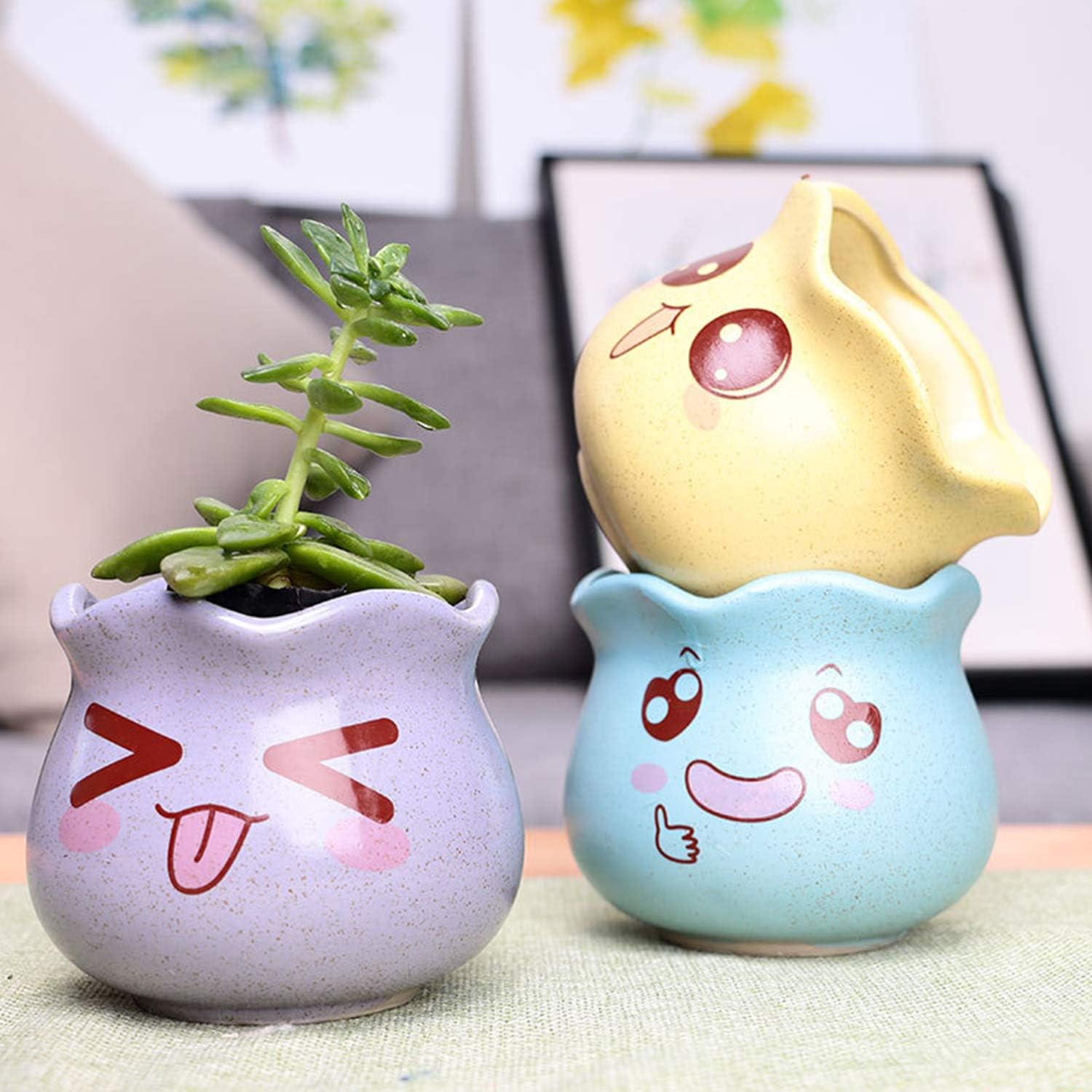 Ufrount Ceramic Succulent Planter Pot with Drainage,Cartoon Expression Planter Pots,Planting Pot,Flower Pots for Mini Plant Ceramic Flowing Glaze Base Serial Set with Drainage Holes-Set of 6(6 Colors)