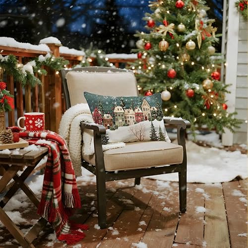 Miniatura 8 de Funda de almohada rectangular decorativa lumbar de invierno de 12 x 20 pulgadas, diseño de copos de nieve, casa del bosque de las maravillas, funda