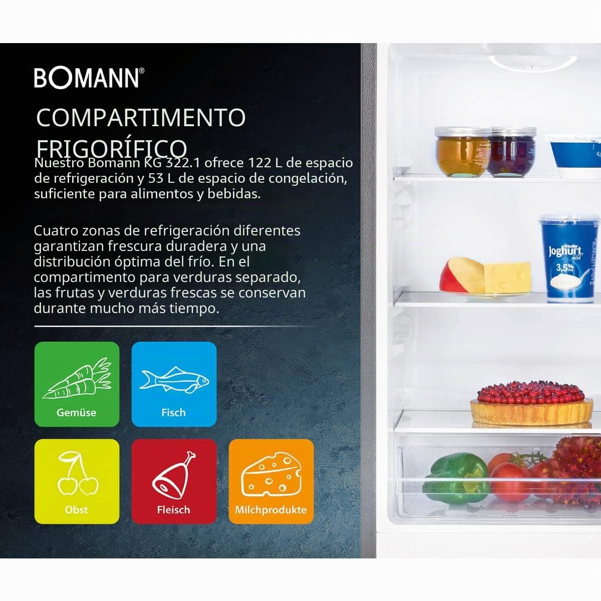Bomann® Frigorífico con congelador, clase energética D, 143 cm, congelador silencioso de 39 dB, 3 estantes y 3 cajones, tope de puerta intercambiable, combinación de congelador de 175 l, KG 322.1 inox