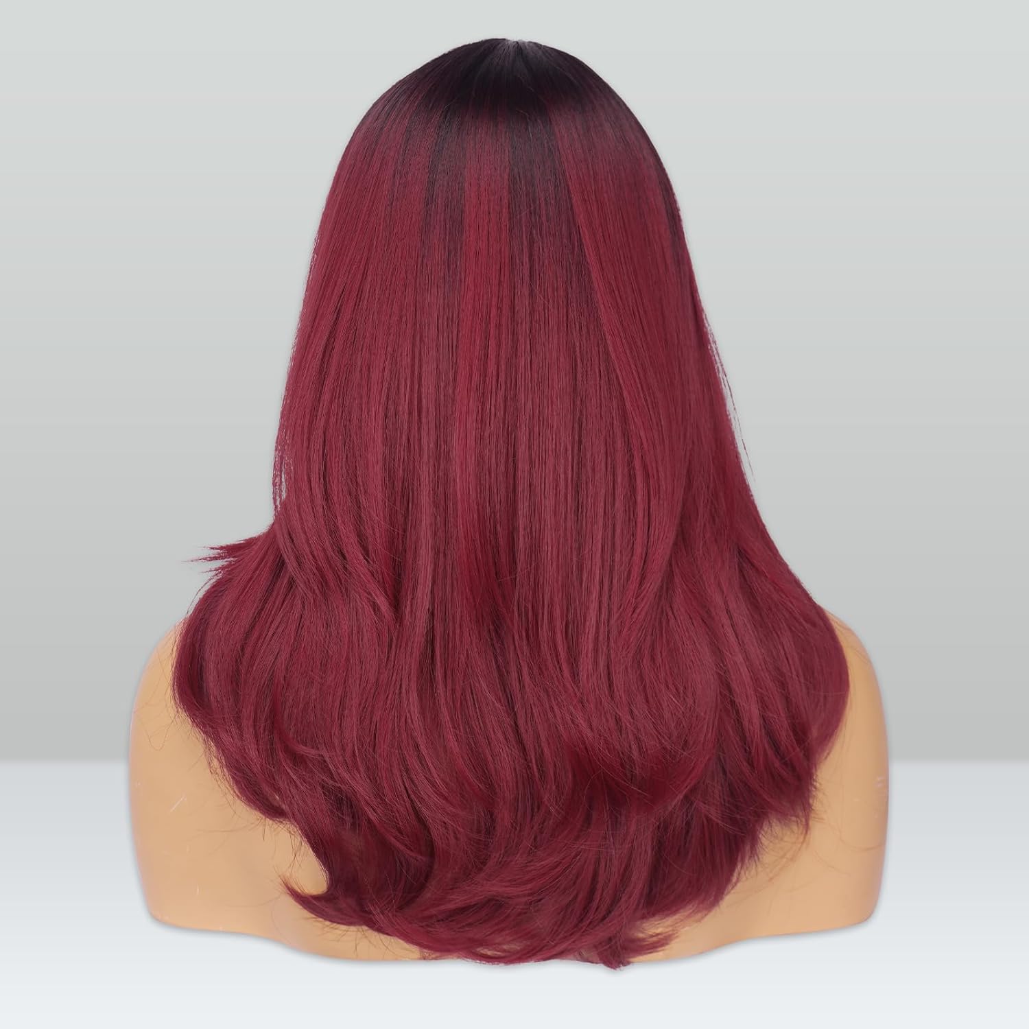 FESHFEN Wigs with Bangs for Women, Synthetic Natural Looking Ombre Wine Red Long Layered Straight Auburn Hair Wig for Women Daily Party Use, 18 inch - Image 4