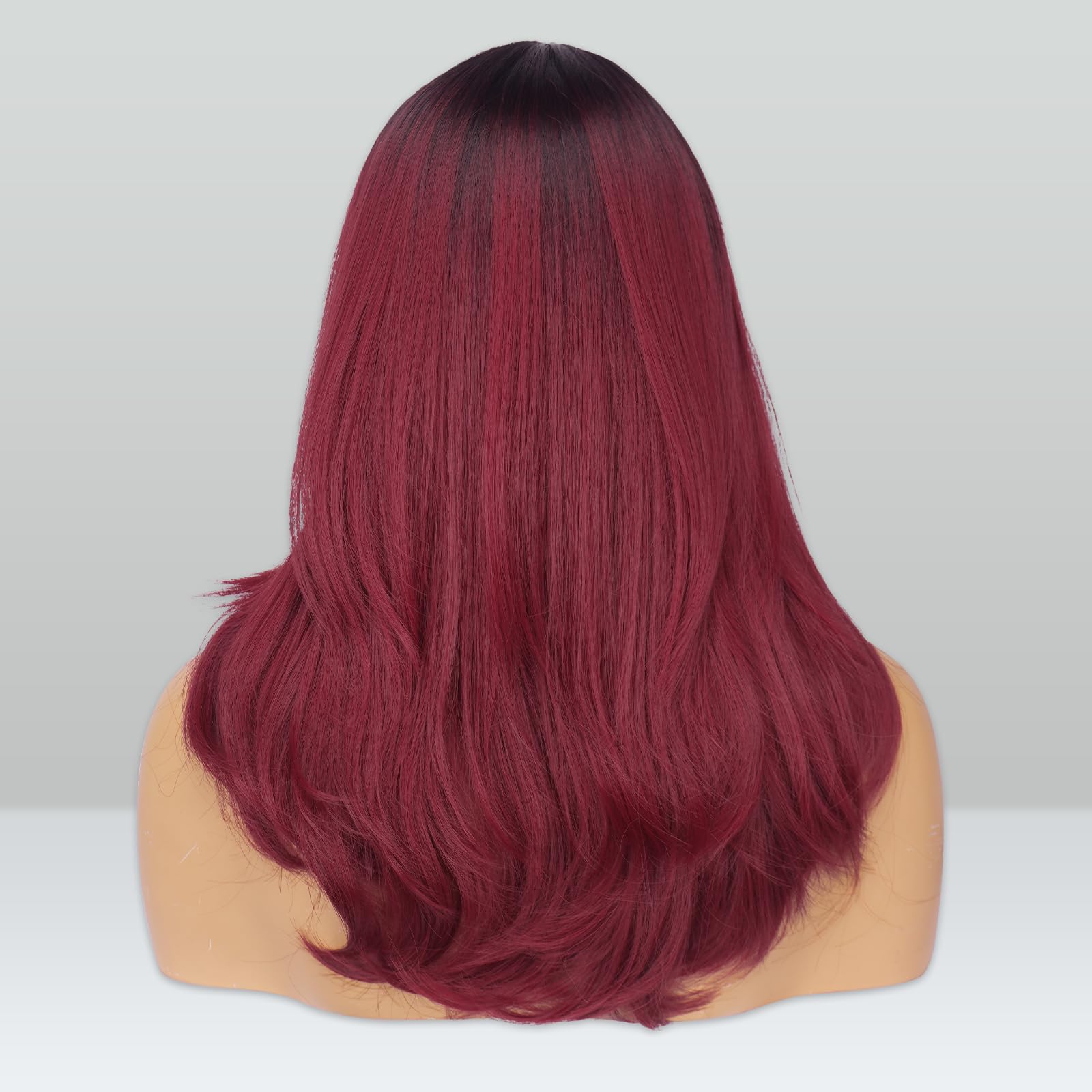FESHFEN Ombre Wine Red Wigs with Bangs for Women Synthetic Natural Looking Long Layered Straight Hair Wig for Daily Party Use 18 inch - Image 3