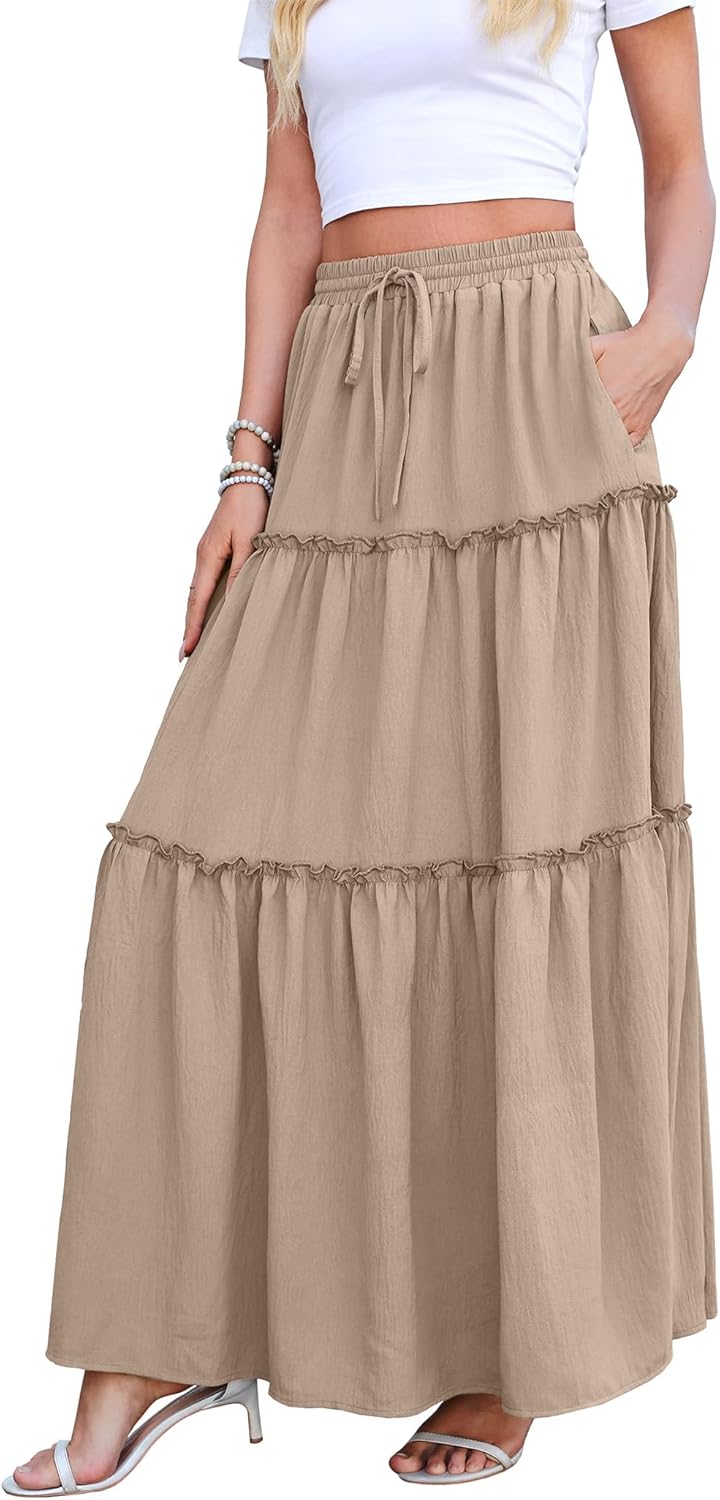 WEACZZY Womens Casual High Waisted A-Line Maxi Skirts Trendy Flowy Layered Pleated Long Skirt with Pockets - Image 2