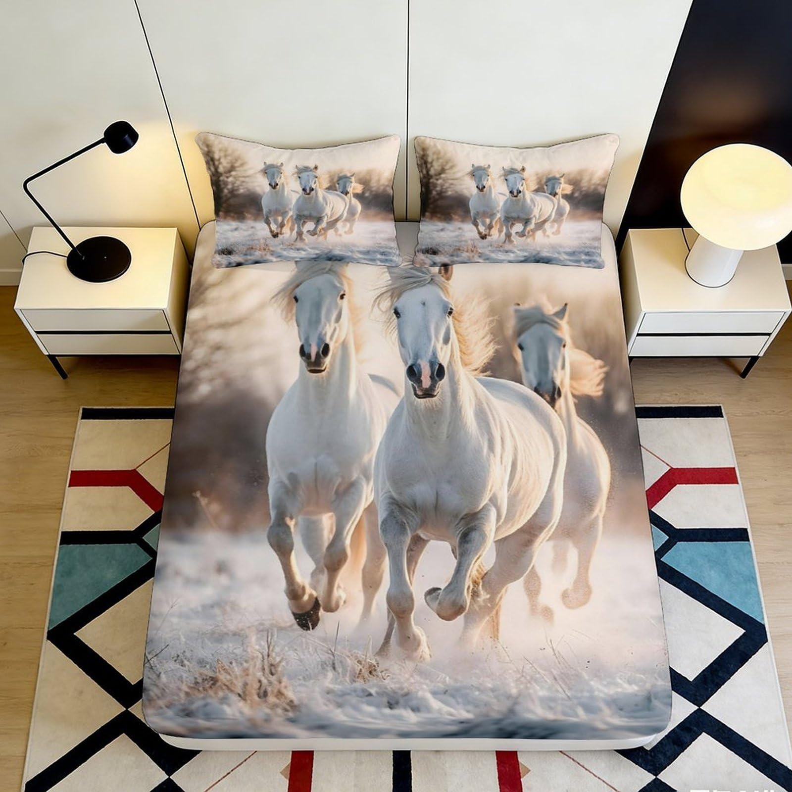 3D Printed White Horse Fitted Sheet Microfiber Soft Bed Cover Wild Running Horses Mattress Cover for Bedroom Dorm Decor 90x200x25cm