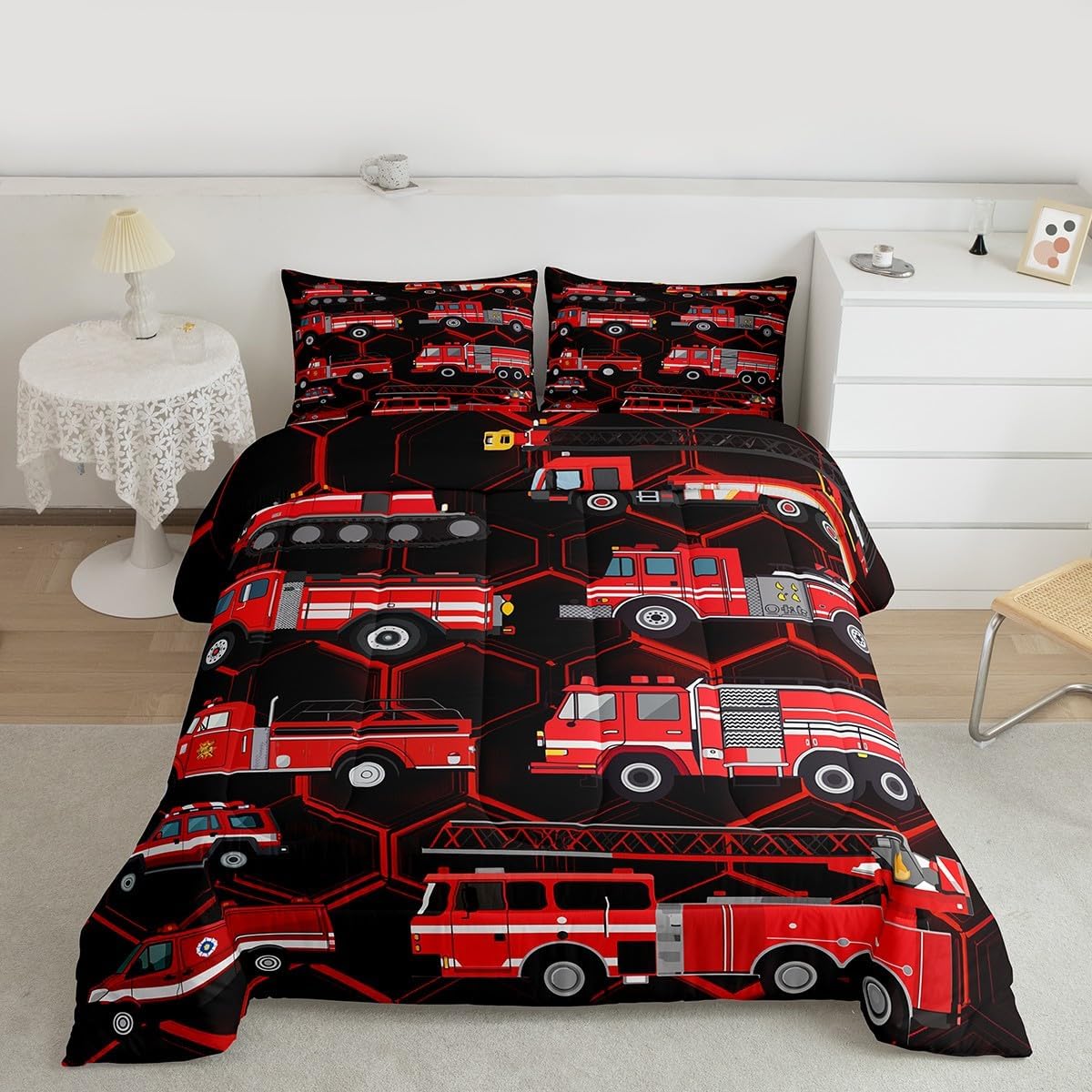 Erosebridal Kids Fire Truck Comforter Set Full Red Equipment Vehicles Bedding Cool Machinery Trucks Sets Boys Transportations Cars Duvet Bus Bulldozer Quilt 3 Pieces, Multicolor