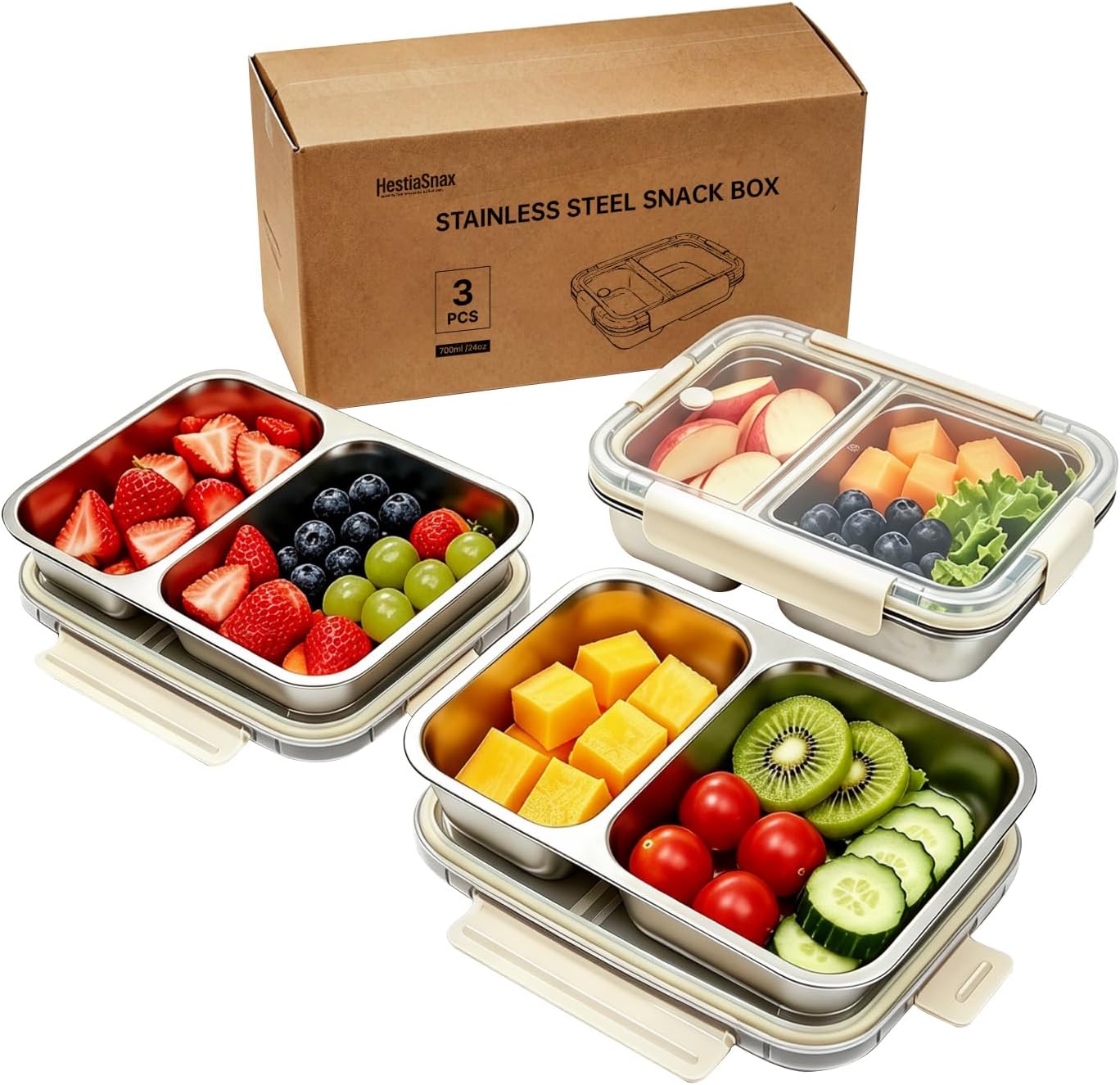 Stainless Steel Snack Container, 3-Pack 2-Compartment Portable Containers with Lids, Suitable for Travel, Camping, And Lunch Preparation Use