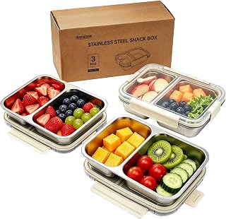 Stainless Steel Snack Container, 3-Pack 2-Compartment Portable Containers with Lids, Suitable for Travel, Camping, And Lunch Preparation Use