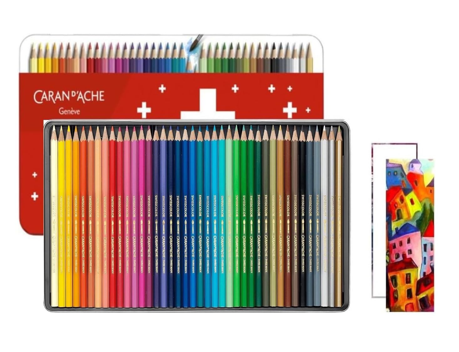 Caran D'ache Swisscolor - Matite acquerellabili in scatola di metallo, confezione da 40 pezzi e 2 carte