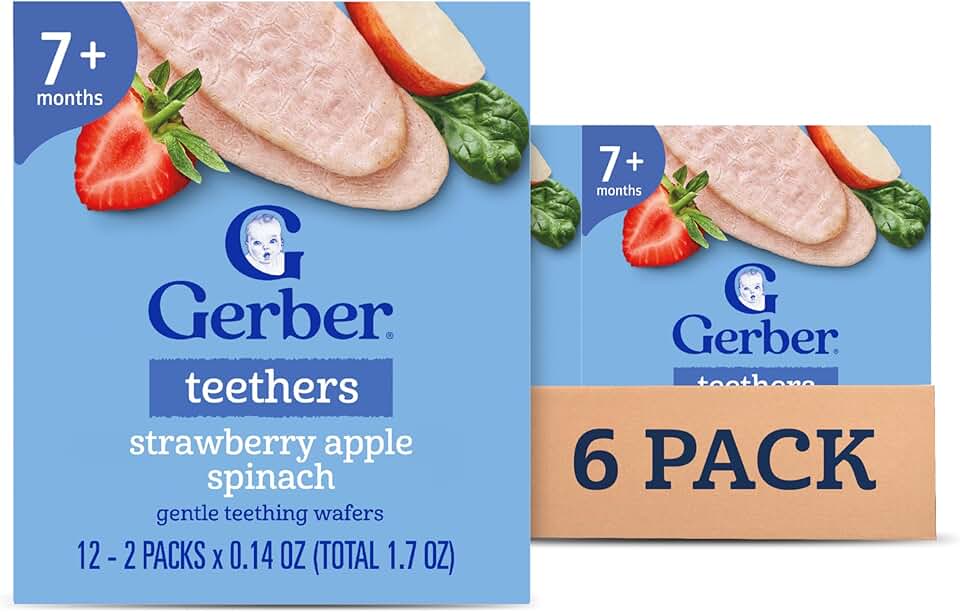 Gerber Teethers, Strawberry Apple Spinach Gentle Teething Wafers, Baby Teething Snacks, 6PK Reducing CO2