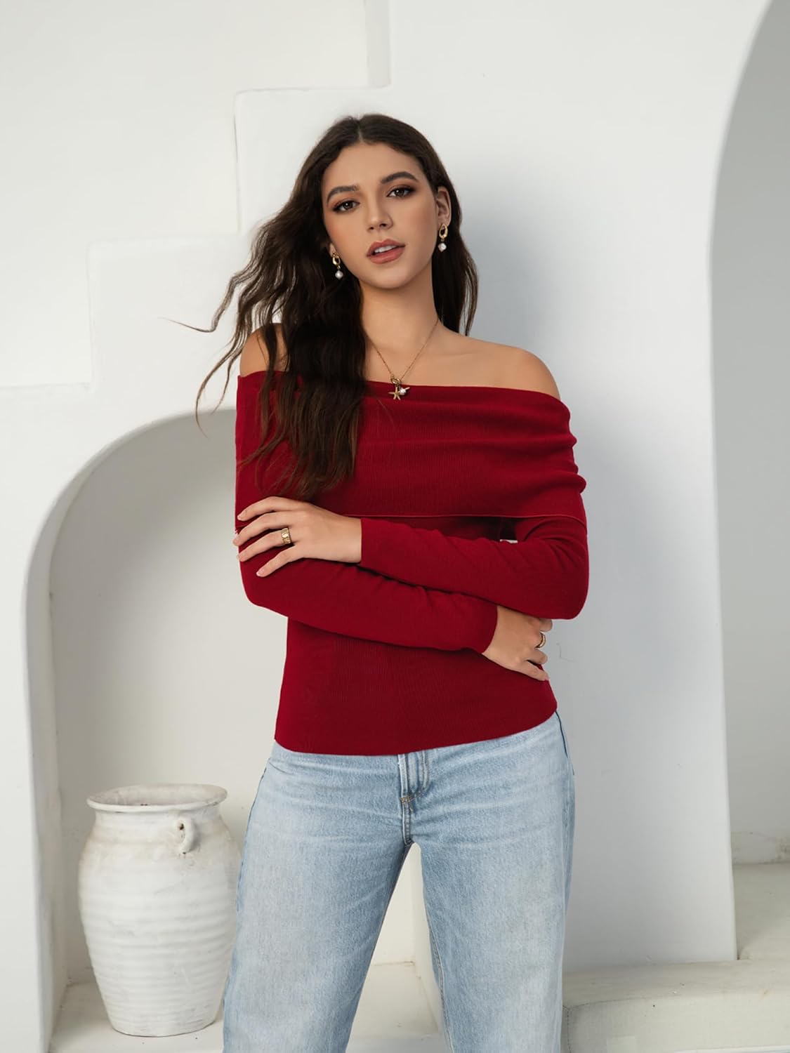 Women's Autumn Sweater, 2026 Casual Long Sleeve Off-The-Shoulder Strapless Knitted Sweater, Pullover Sweater - Image 7