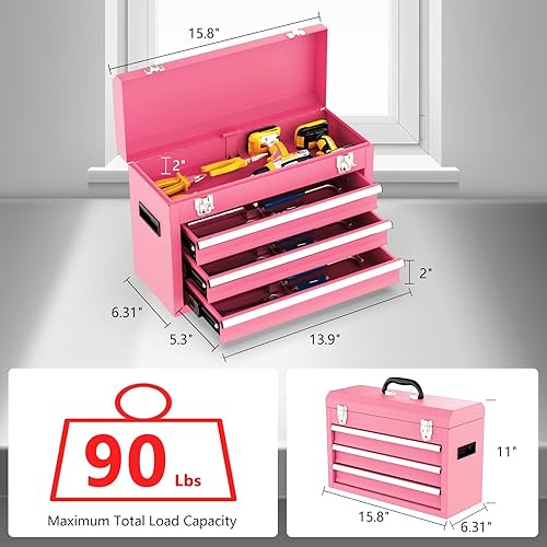 Miniatura 2 de Caja de herramientas de metal de 3 cajones, caja de herramientas de metal portátil con forro EVC y cierre de cierres, baúl de herramientas de acero