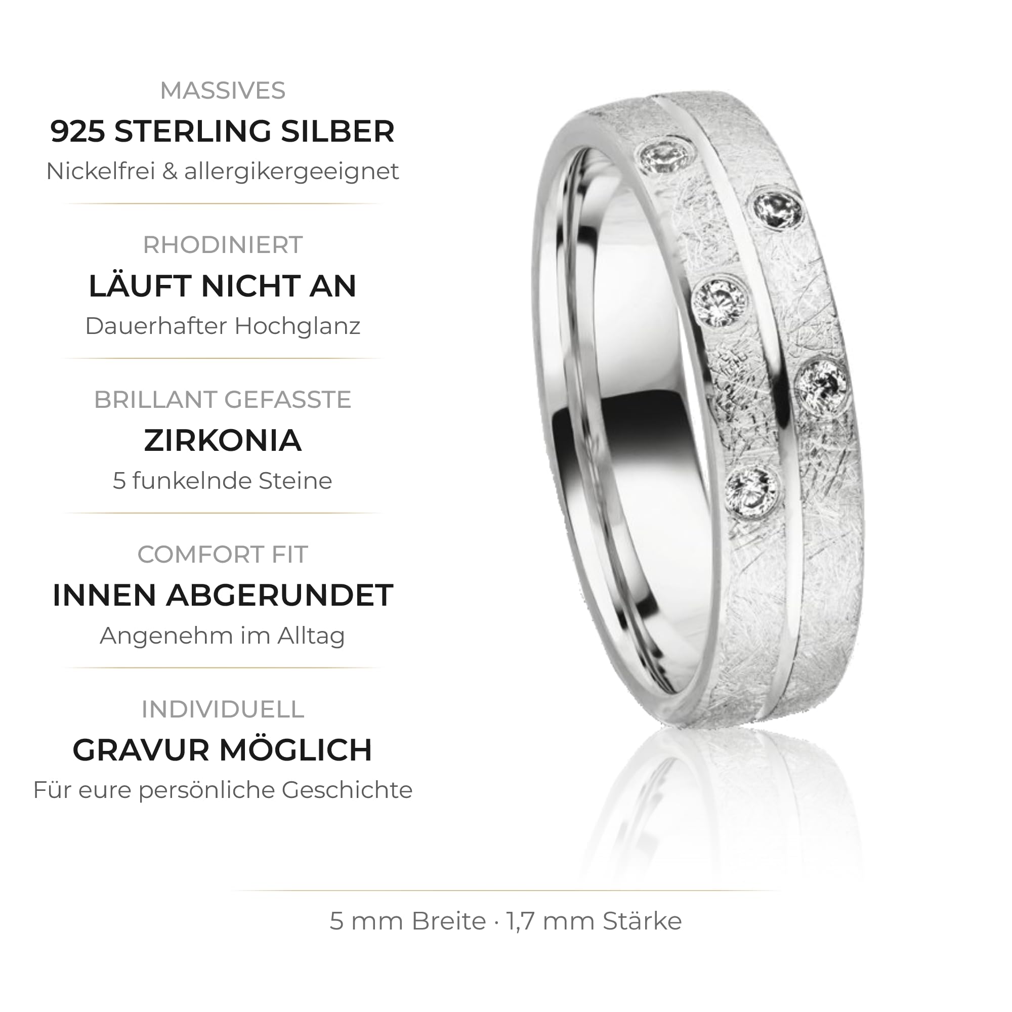 Kolibri Rings Damenring Eismatt 5 Zirkonia Steine Sterling Silber 925 Ring Ehering Verlobungsring Partnerring Freundschaftsring - Inkl. Gratis Gravur und Etui