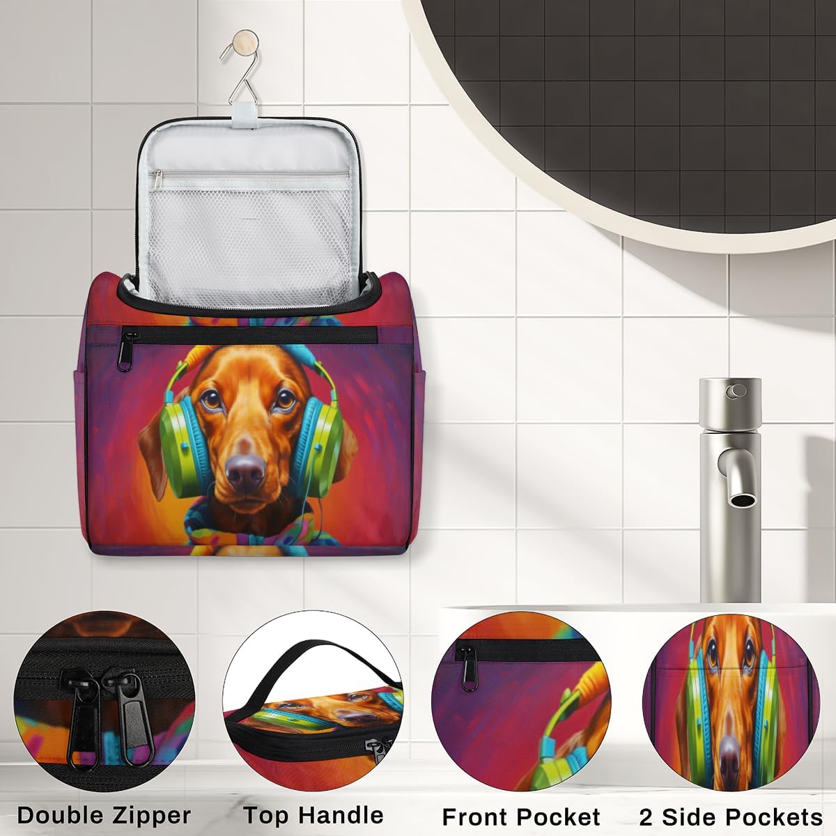 Dachshund Dog With Headphones Pattern Hanging Toiletry Bag with Hook, Makeup Organizer Travel Wash Bag Functional and Stylish Cosmetic Case for Women Men