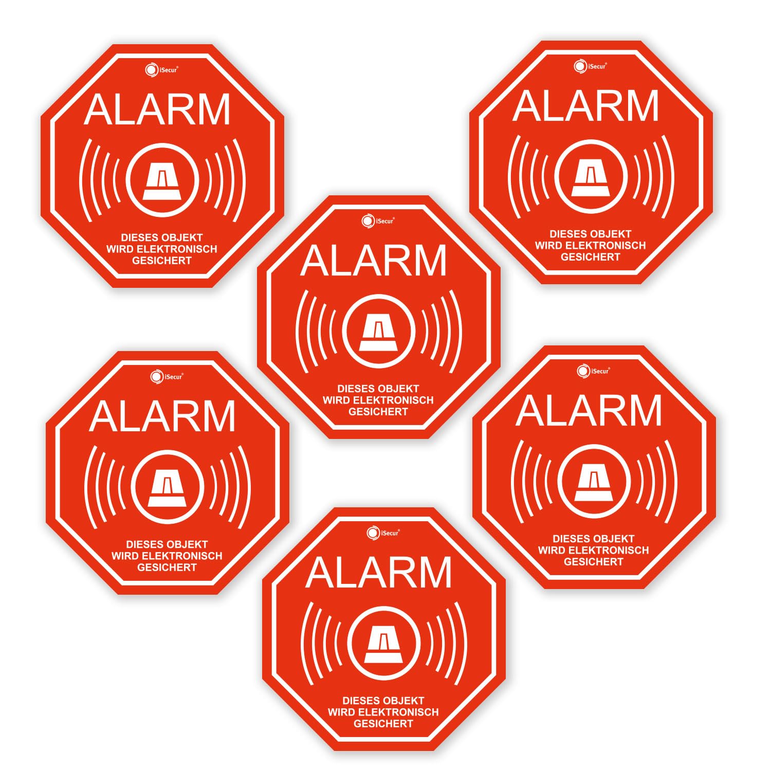 Set de 6 pegatinas de alarma I 5 x 5 cm I Atención, objeto protegido electrónicamente I para ventana, cristal, puerta I adhesivo exterior resistente a la intemperie I hin164