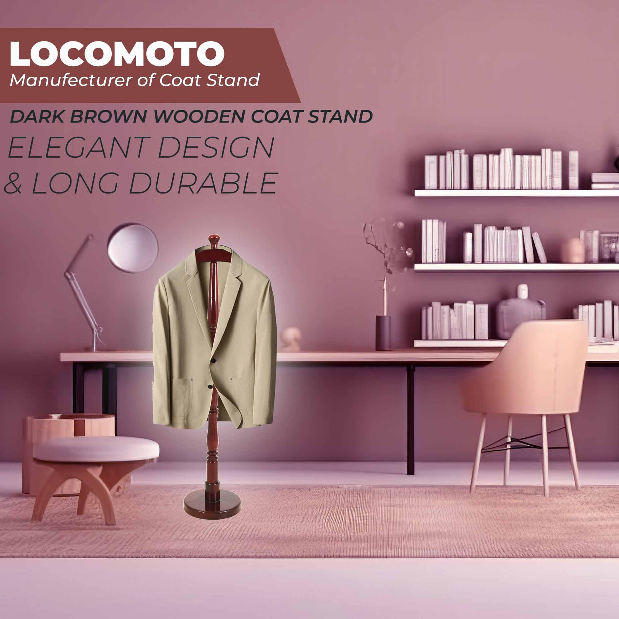 LOCOMOTO Wooden Coat Stand, Glossy Dark Brown Colour for Office & Home Uses (9.5x18.5x48 Inch) 3