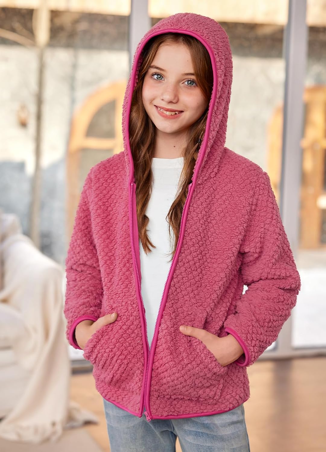 IMMER Girls Winter Full Zip Sherpa Fleece Long Sleeve Solid Hoodie Fuzzy Jacket Outwear Coat with Pocket 3-12 Years
