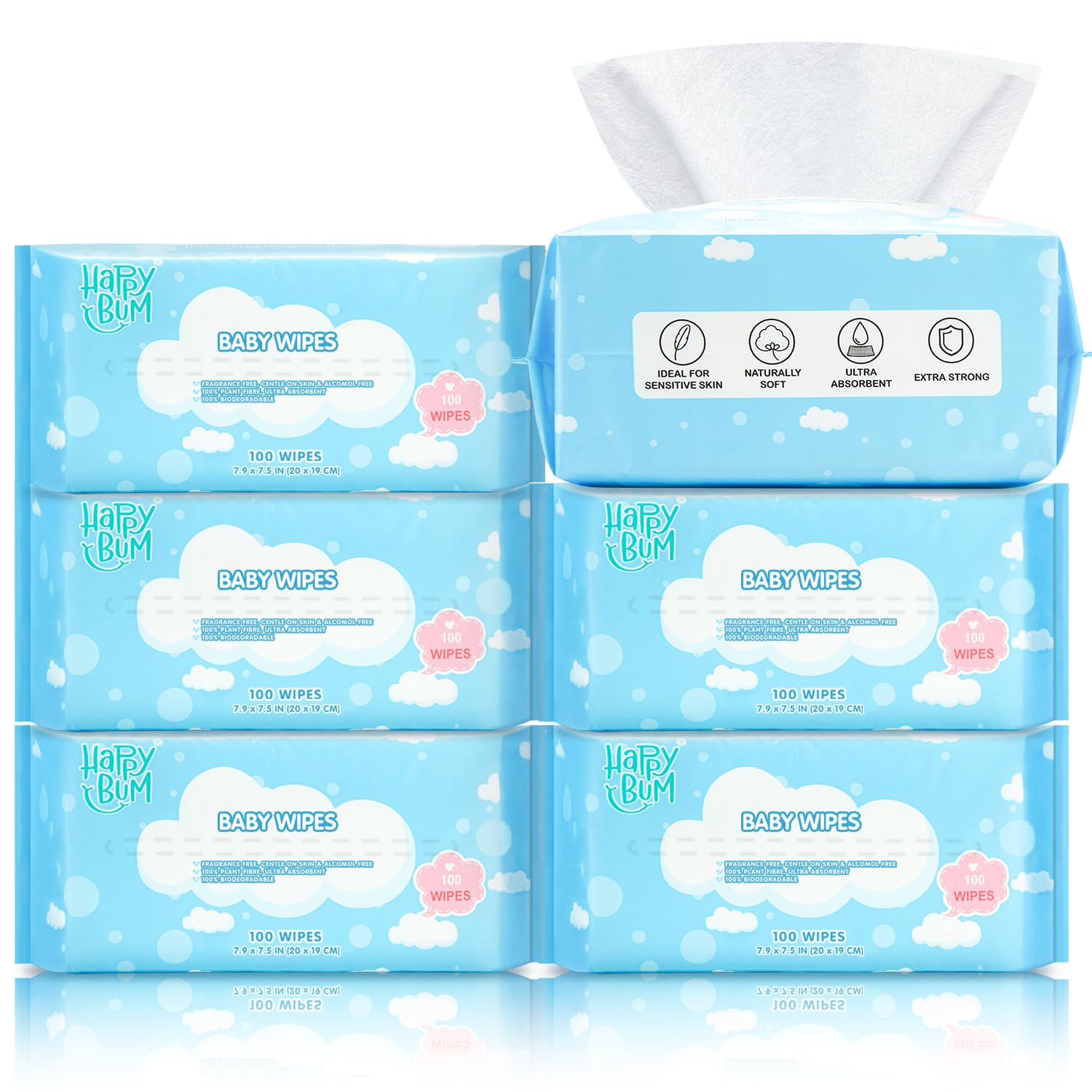 HAPPY BUM Dry Baby Wipes, Large Baby Wipes, Unscented Tissues for Sensitive Skin, 600 Count, Wet and Dry Use Facial Tissue