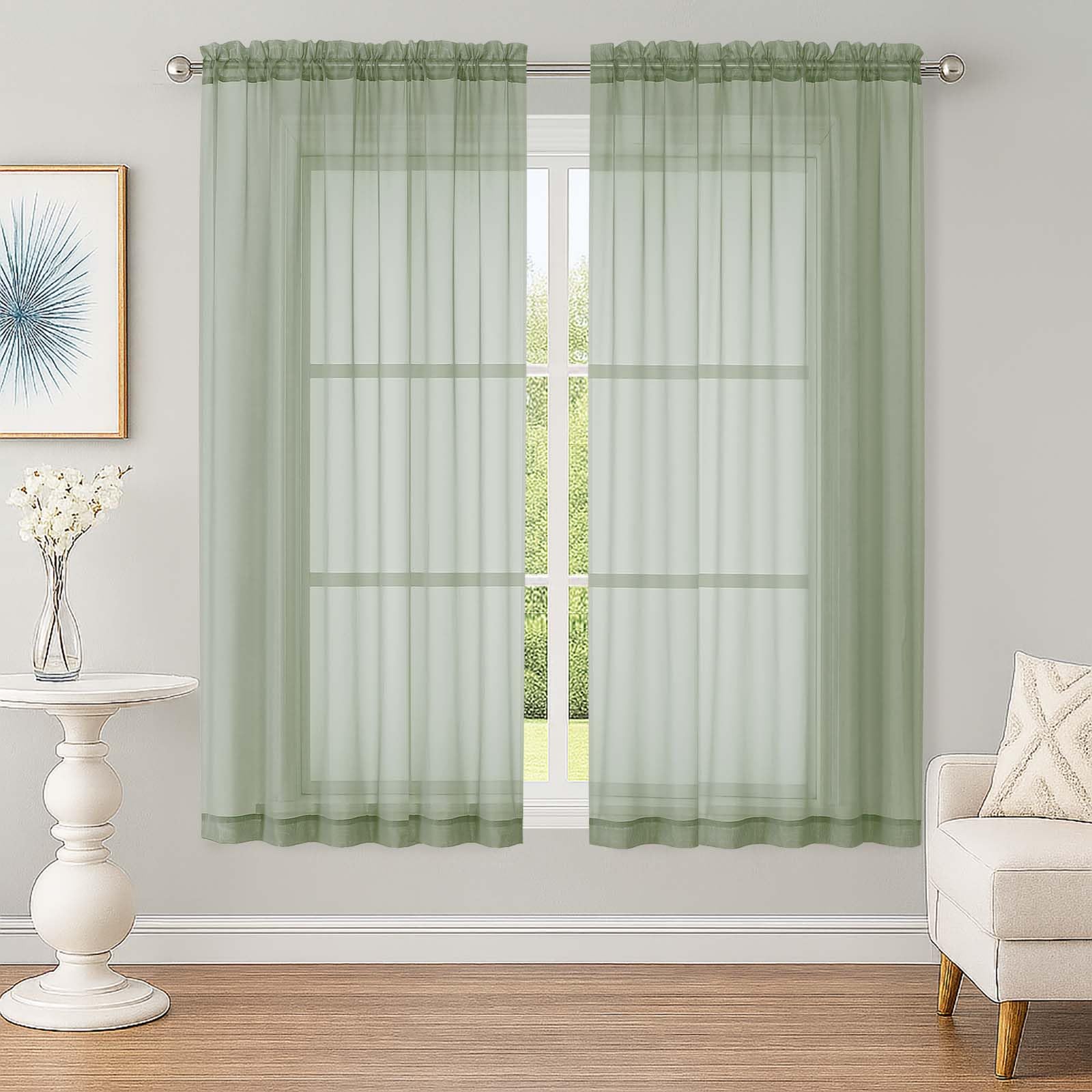 Photo 1 of OWENIE Sheer Sage Green Curtains, Sheer Curtains 63 inch Length 2 Panels Set, Rod Pocket Voile Fimly Sheer Drapes for Living Room Bedroom, 2pcs, Sage Green, Each 59" W x 63" L