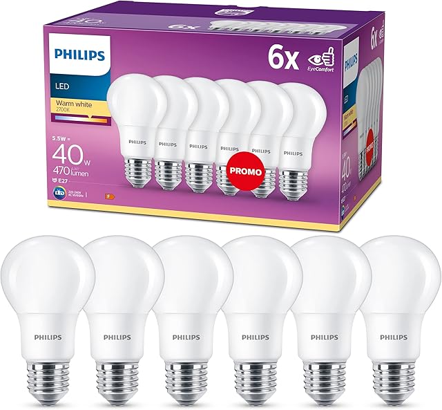 Philips LED E27 Frosted Light Bulbs, 5.5 W (40 W) - Warm White, Pack of 6