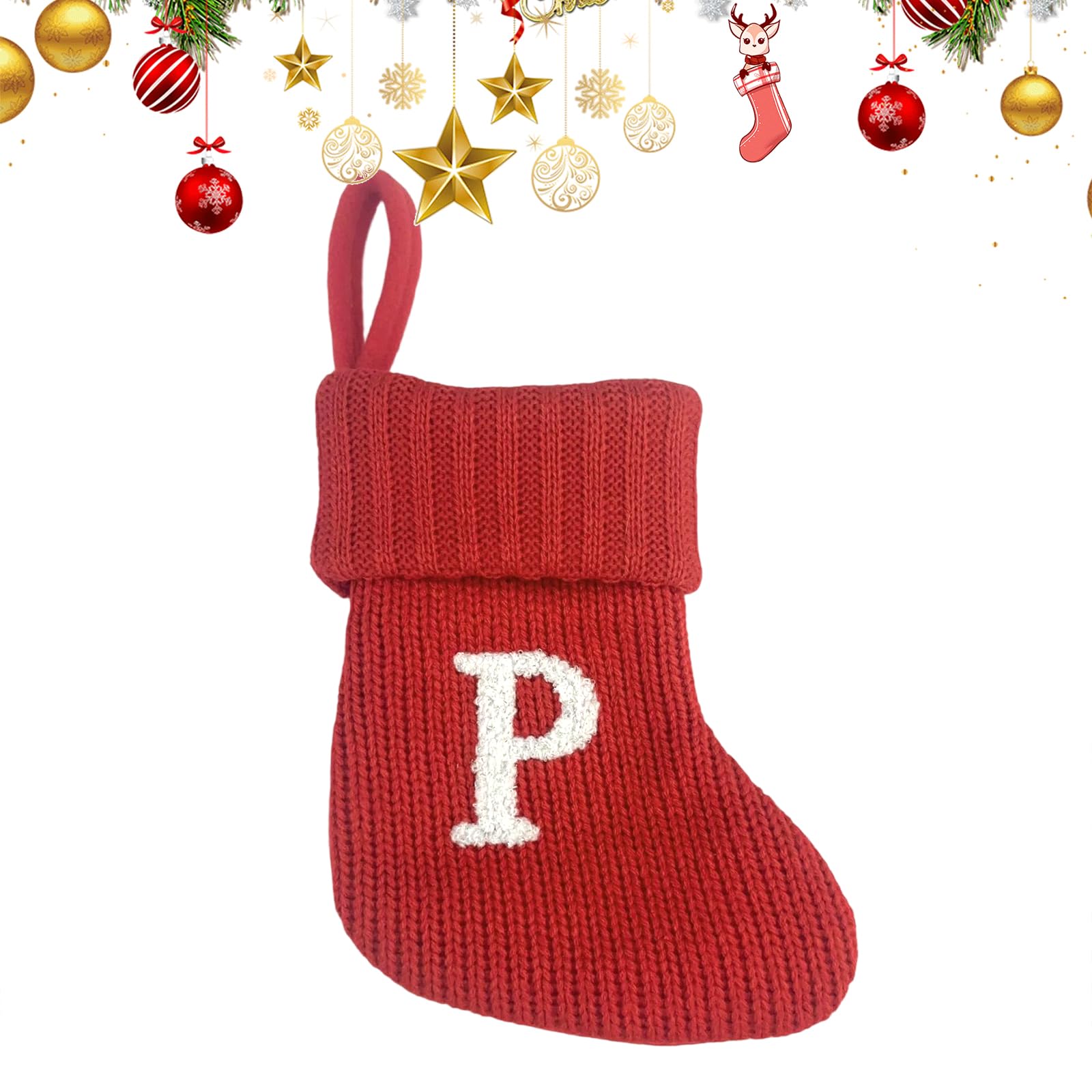 Uoaesr P Christmas Stocking, Knitted Festive Sock With Embroidered Letter, 18X15cm Ersonalized Christmas Stockings, Hanging Stocking For Fireplace & Tree Decor, Ersonalised Gift Bag (P)
