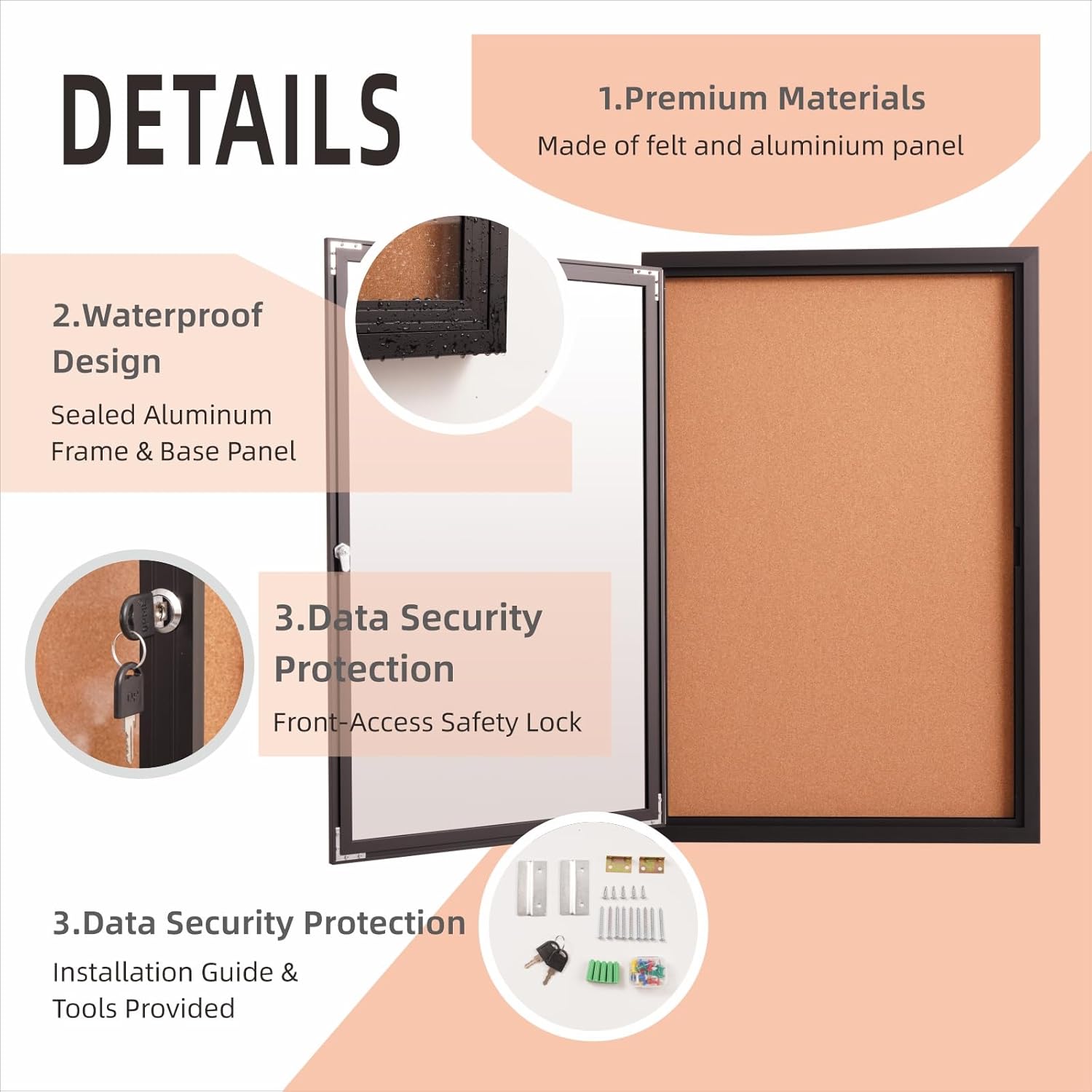 36x24 Inch Lockable Enclosed Bulletin Board, Weather-Resistant Outdoor Noticeboard with Locking Doors, Wall-Mounted Black Aluminum Frame & Cork Presentation Board